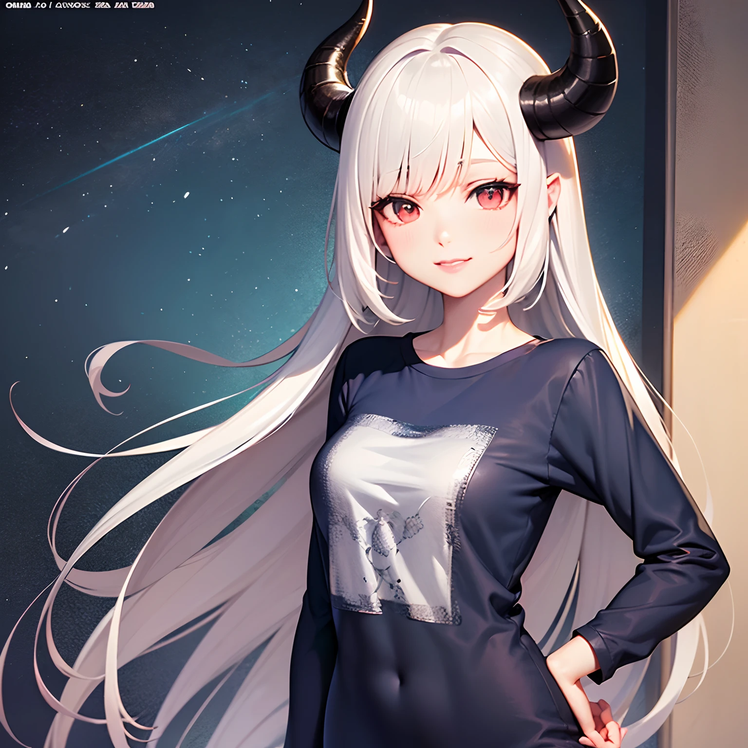 (((masterpiece))), (((best quality))), ((ultra-detailed)), (highly detailed CG illustration), ((an extremely delicate and beautiful)),((Near-black midnight blue t-shirt:1.5)), ((plain t-shirt:1.5)),((long sleeves:1.6)),(Casual T-shirt),(From slight side:1.5), (One hand on the hip:1.3), (The side of one arm is visible),(very loose T-shirt:1.2), Oversized t-shirt, (plain t-shirt), upper body,portrait of an anime girl, (t-shirt without patterns:1.5), ((t-shirt without logo:1.6)),1girl, solo, looking at viewer,smiling,bad-girl, anime girl with long hair, ((medium breasts:1.2)), Small mole on the lower left side of her mouth, cute natural anime face, detailed anime soft face, cute anime face, flat anime style shading, face anime portrait, made with anime painter studio, semirealistic anime style, perfect anime face, extremely cute anime girl face, high detailed face anime, pretty anime face, semi realistic anime, detailed anime face, white hair, red eyes, ((demon horns)), ((demon wings)), ((rainbow strands in hair))