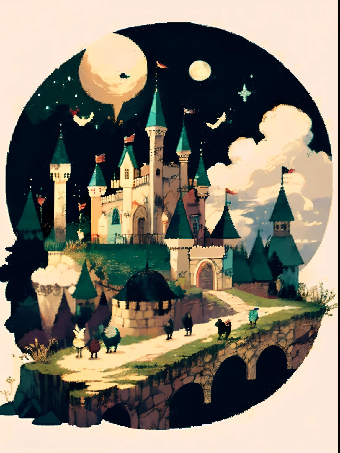 (((masterpiece))),best quality, whitetown moon, tree, cloud, fantasy, night, castle surrounded by clouds, full moon, scenery, painting (medium), sky, outdoors, pixel art