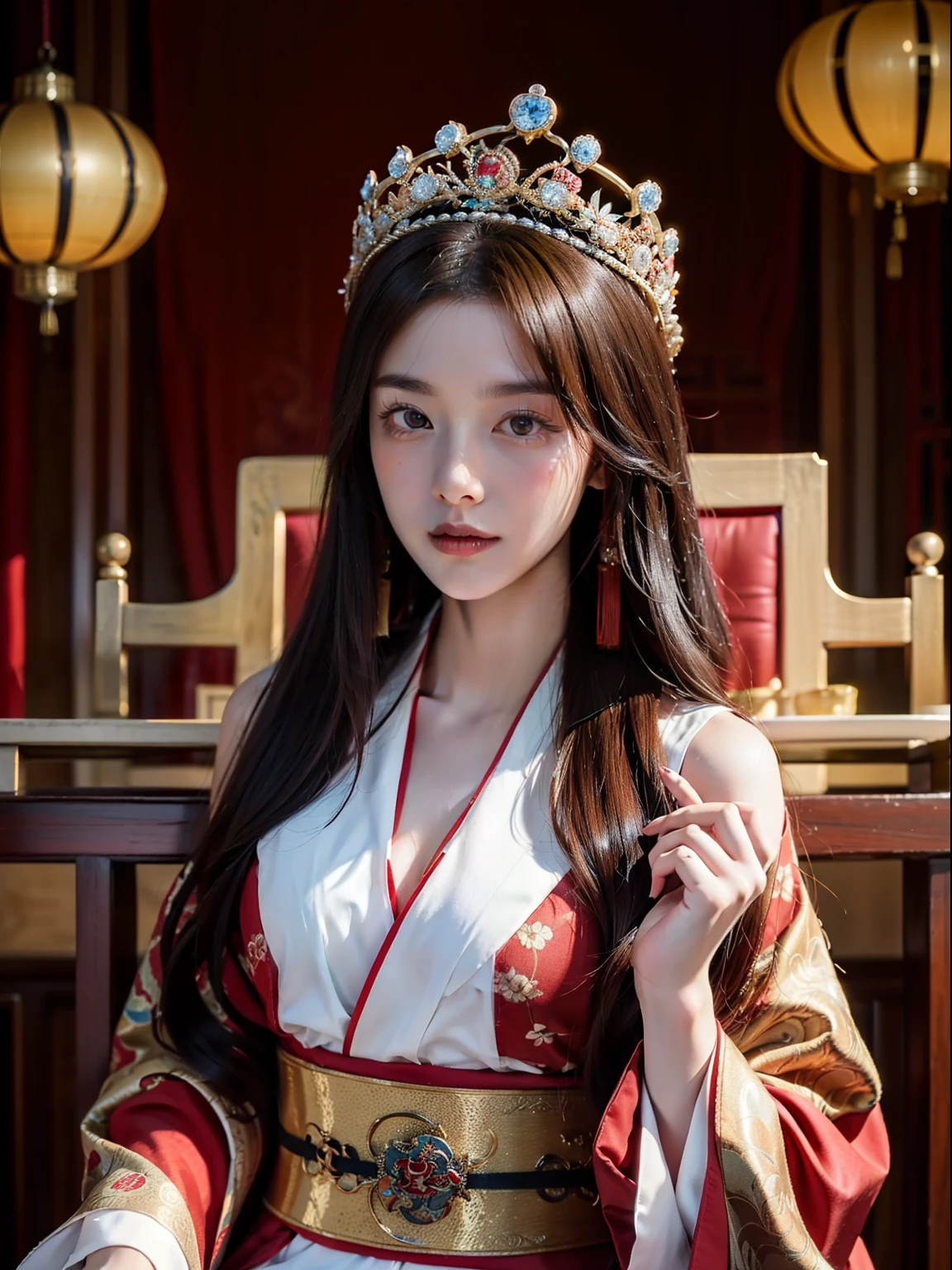 Top image quality,movie camera,20 very young and beautiful princesses of the Chinese royal palace,Wearing a gorgeous red Chinese kimono,Ancient Chinese gorgeous hair ornament on head,Live in China's ancient royal palaces,Sitting in the Queen's Chair,elegant look,I'm looking at you with a scary face.,Full body portrait,Stylish art,low angles,