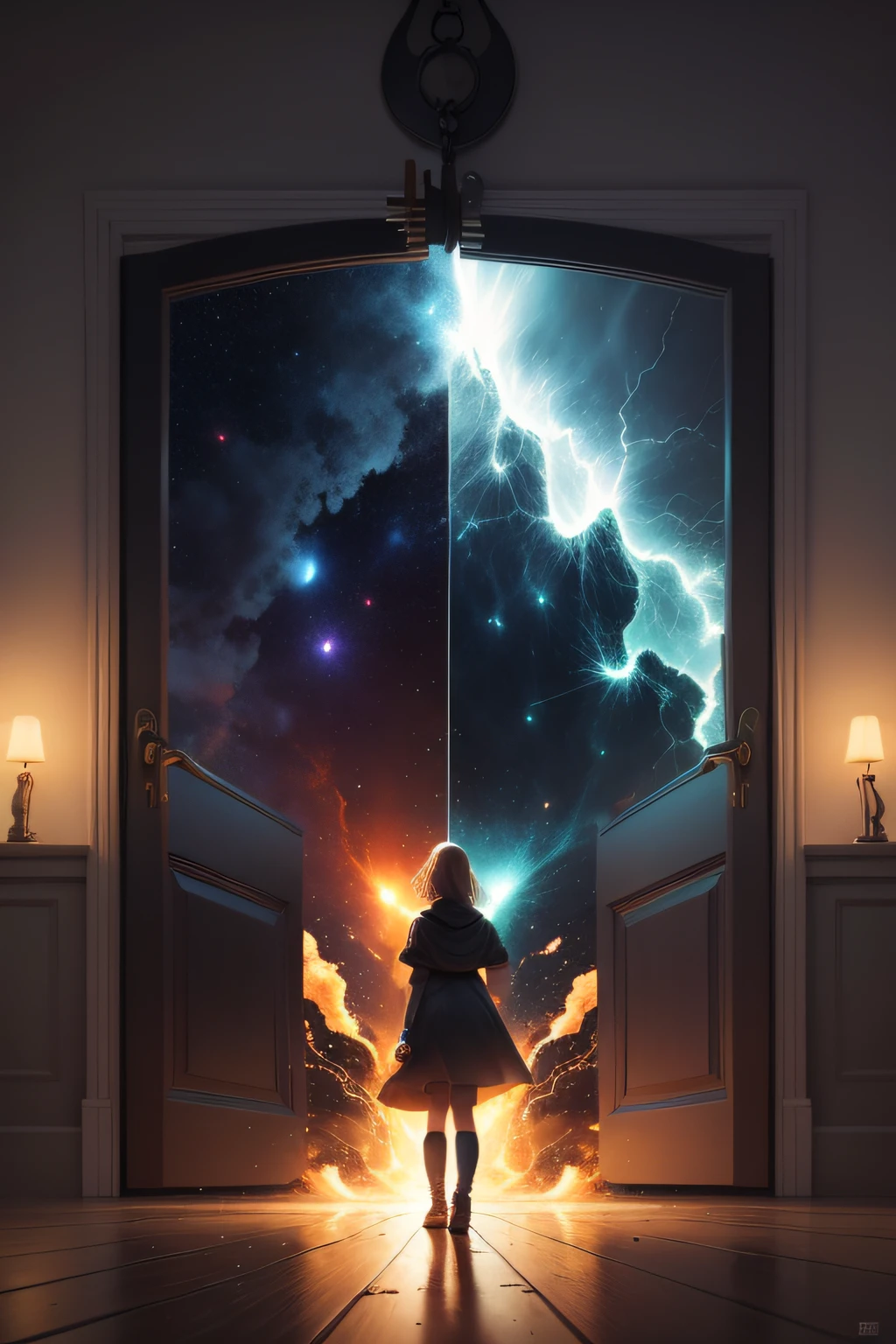 Create an image that embodies the concept of truth as a glowing key unlocking a door to reality.
Illustrate the idea of truth as an explosive force shaping the perception of the universe.