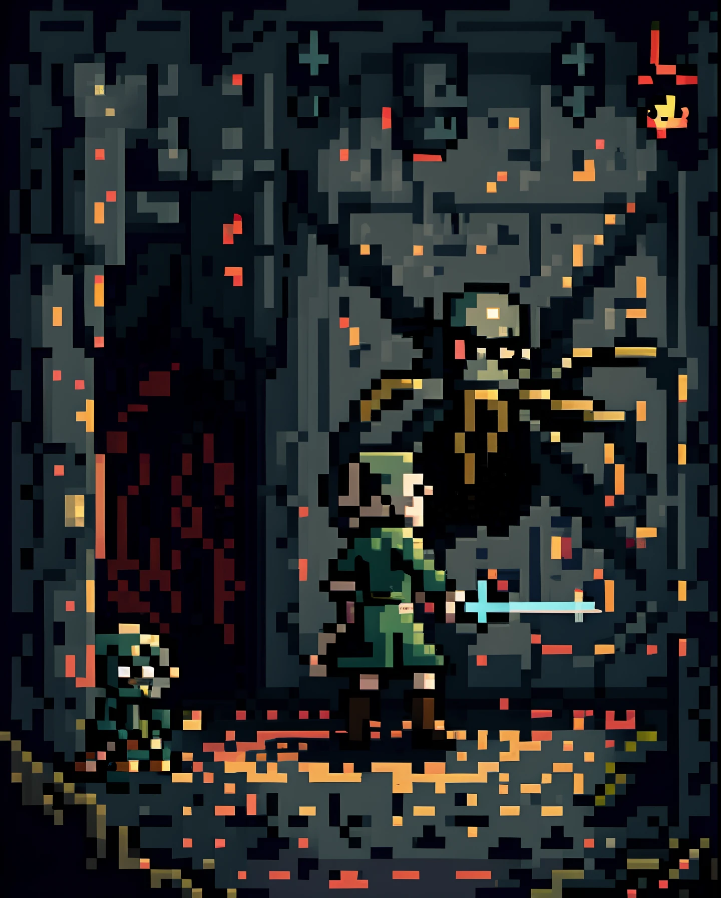 Within the depths of a pixelated dungeon, an agile rogue character engages in a swift duel with a monstrous, pixelated spider. The dungeon is dimly lit, and the spider's lair is covered in cobwebs, creating an eerie atmosphere. Pixel Art, 16-bit style with dynamic lighting