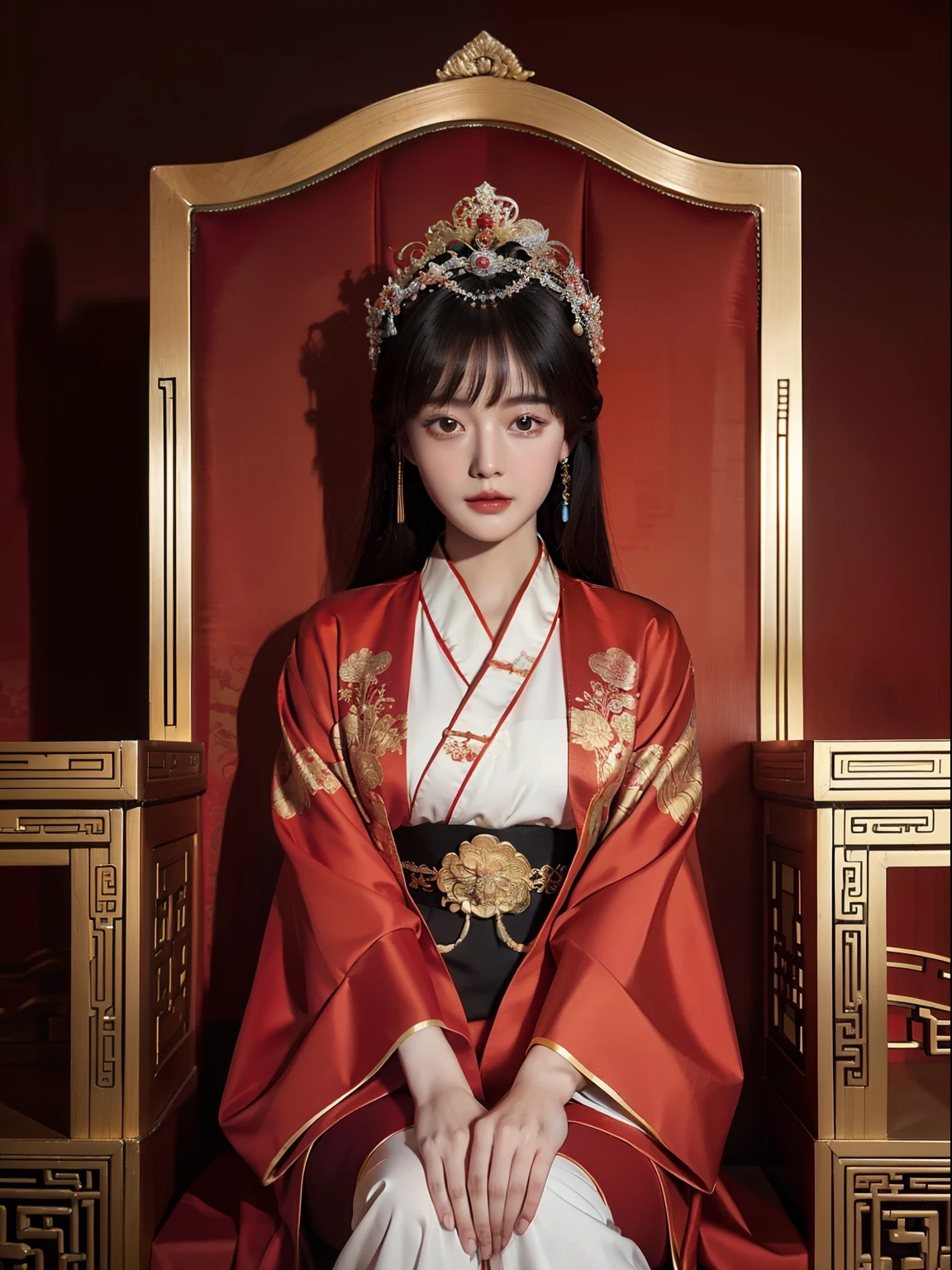 Top image quality,movie camera,20 very young and beautiful princesses of the Chinese royal palace,Wearing a gorgeous red Chinese kimono,Ancient Chinese gorgeous hair ornament on head,Live in China's ancient royal palaces,Sitting in the Queen's Chair,elegant look,I'm looking at you with a scary face.,Full body portrait,Stylish art,low angles,