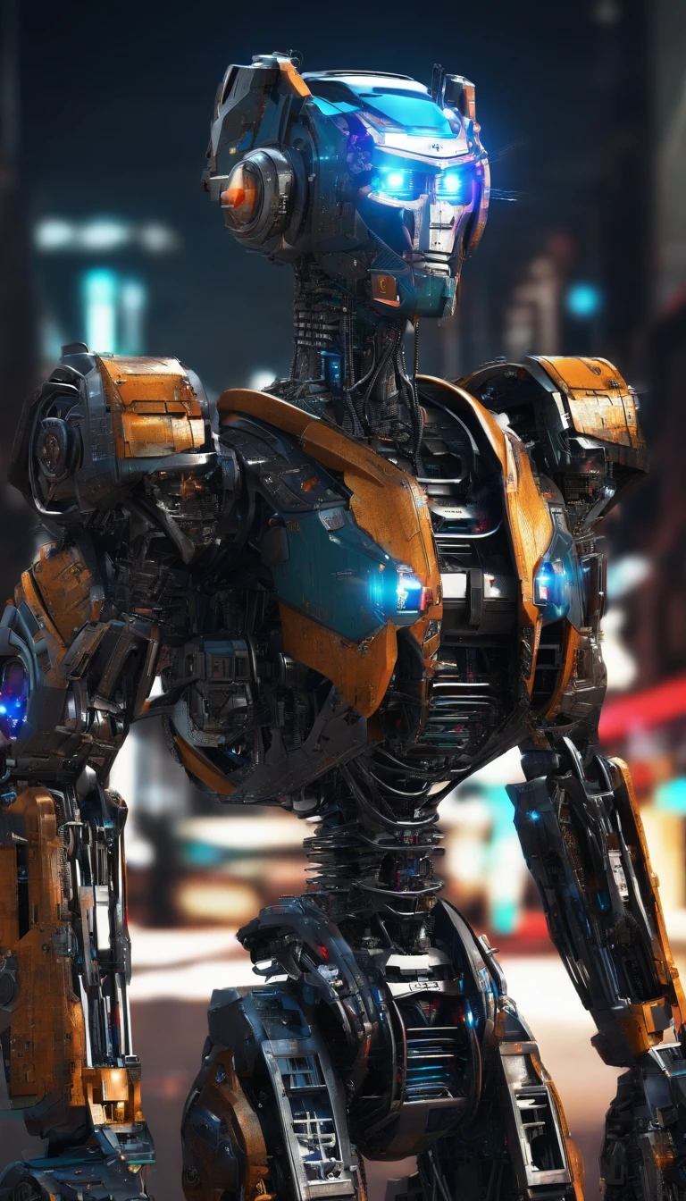 A robot, walking on the street, transformers, cars,portrait,Machinery, Future Warrior,Colorful