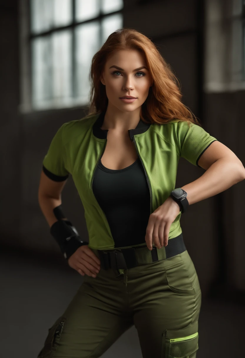 (bunt:1.2), natural lightting, Szenerie im Freien, Lebendige Farben, Selbstbewusster Ausdruck, eine athletische Pose, Dynamische Komposition, (hight resolution, 4K:1.1), (realistisch:1.37), (Detailliert:1.1), (Professionell:1.1), (fotorealistisch:1.1), (HDR:1.1), (Lebendige Farben:1.1), Kim Possible possible, eine fiktive Figur aus einer Zeichentrickserie, stands in front of a green canvas in a photo studio. She has beautiful, bright green eyes with intricate details, wie z.B. Wimpern (realistisch). Her lips are full and luscious, Das Licht in einem (fotorealistisch) Weise. Sie hat Sommersprossen, jugendliches Aussehen. She has big. Ihre Haut sieht unglaublich makellos aus, weil (hight resolution) und (Professionell) Retuschiertechniken. Kim Possible wears her iconic outfit, die aus einem schwarzen Top besteht, Cargo Hose, und Kampfstiefel. Der Stoff ihrer Kleidung ist (Detailliert), with attention to every stitch and texture. Kim Possible strahlt Selbstvertrauen aus, als sie eine athletische Pose einnimmt, Ready for use. Her dynamic composition reflects her energetic personality and her mastery of various skills. ein (Detailliert). Das Gesamtergebnis ist ein (best quality), (8K), (hight resolution) (Meisterwerk) that captures the essence of Kim as possible, embodies her adventurous spirit and shows her captivating charm.
