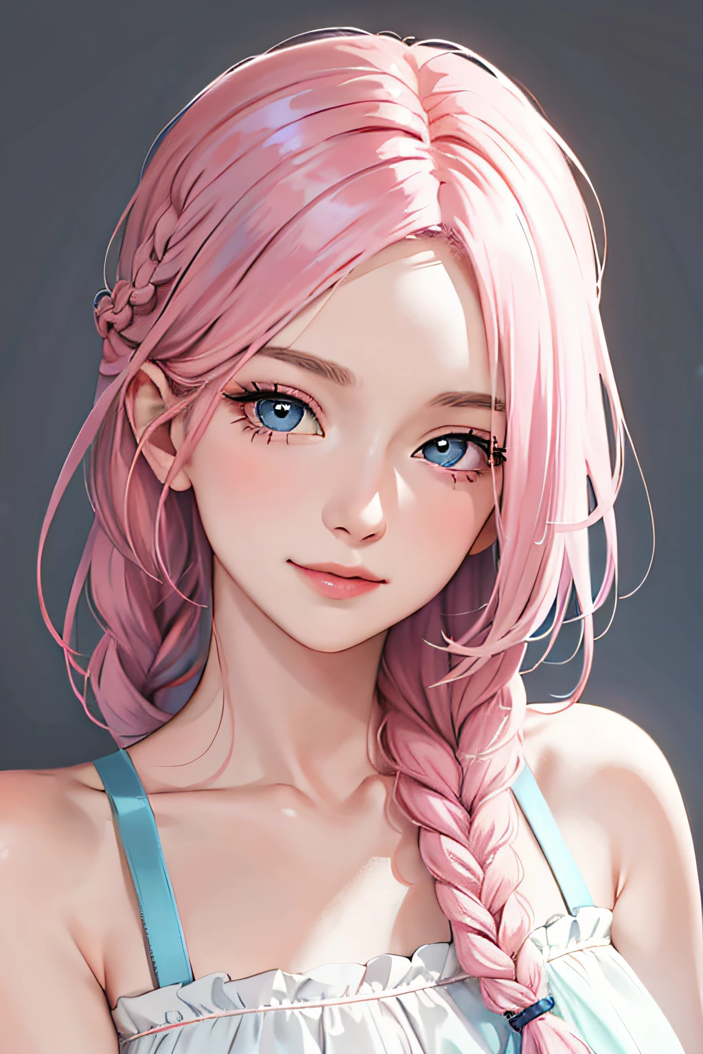 (A photo of upper body), Beautiful face, Highly detailed face and skin texture, (Detailed eyes), Brown eyes, Double eyelids, Thin eyebrows, Glitter eyeliner: 1.2, Natural cheeks, Shiny skin, Fair skin, (((with blouse))), (Shiny lips: 1. 4), (Seductive smile), (20 years old), (Wavy hair, Diagonal bangs), ((pink and blue hair)), long mid hair, ((Upper body shot)), ((Focus on chest and face)), Medium large breasts, Upturned breasts.