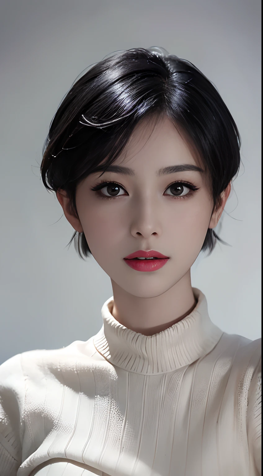 (masterpiece:1.3), (8k, photorealistic, RAW photo, best quality: 1.4), (1girl), beautiful face, (realistic face), (black hair, short hair:1.3), beautiful hairstyle, realistic eyes, beautiful detailed eyes, (realistic skin), beautiful skin, (sweater), absurdres, attractive, ultra high res, ultra realistic, highly detailed, golden ratio