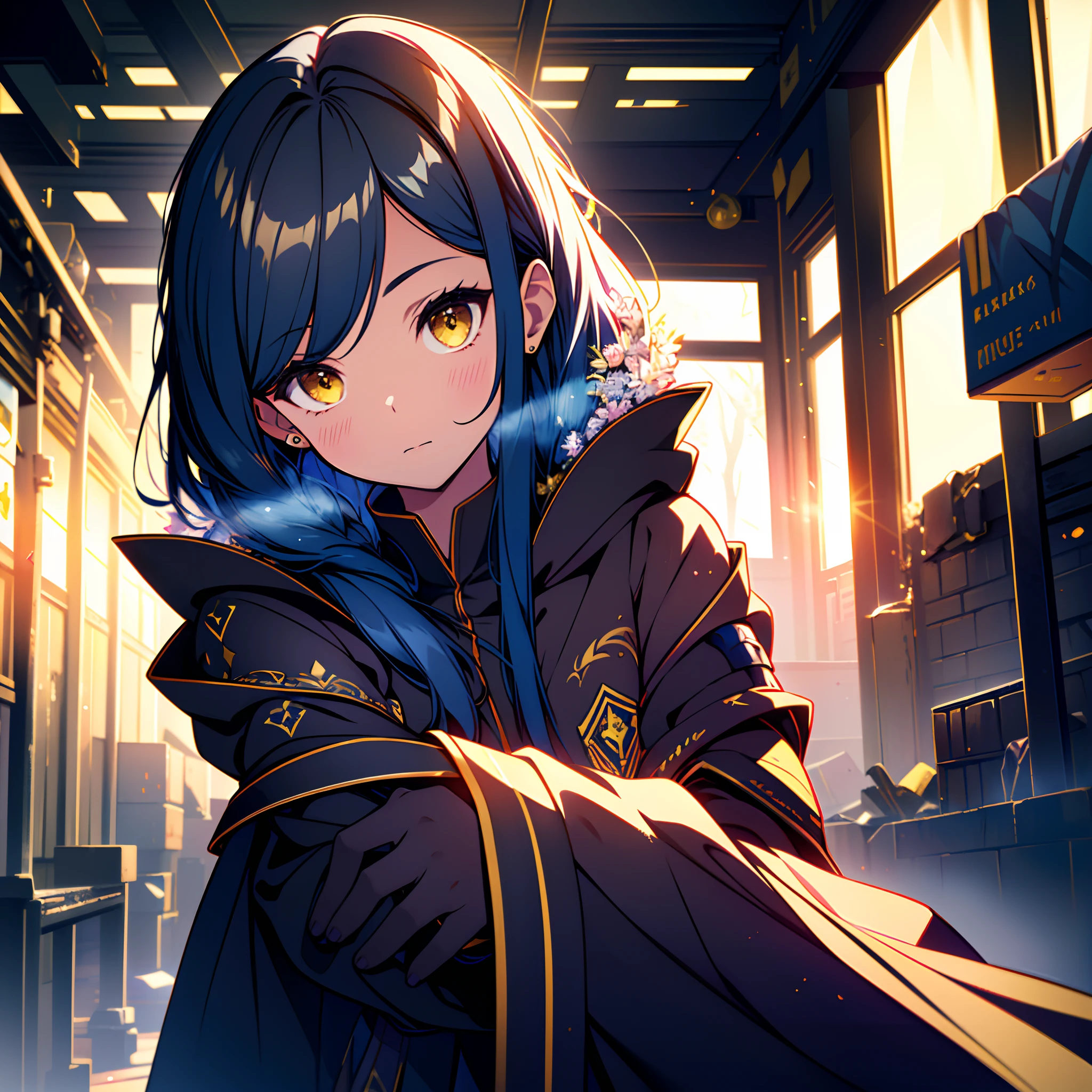 1 mature girl with long blue hair and yellow eyes looking at camera, alone, High detail mature face, long blue hair, golden eyes, dark cloth, yellow cloak, high res, ultra sharp, 8k, masterpiece, looking at viewer, Sharp eyes, magical explosion, fantasy magical building, people ride on the beast, School Dorm, ((Best quality)), ((masterpiece)), 3D, HDR (High Dynamic Range),Ray Tracing, NVIDIA RTX, Super-Resolution, Unreal 5,Subsurface scattering, PBR Texturing, Post-processing, Anisotropic Filtering, Depth-of-field, Maximum clarity and sharpness, Multi-layered textures, Albedo and Specular maps, Surface shading, Accurate simulation of light-material interaction, Perfect proportions, Octane Render, Two-tone lighting, Wide aperture, Low ISO, White balance, Rule of thirds,8K RAW, Aura, masterpiece, best quality, Mysterious expression, magical effects like sparkles or energy, flowing robes or enchanting attire, mechanic creatures or mystical background, rim lighting, side lighting, cinematic light, ultra high res, 8k uhd, film grain, best shadow, delicate, RAW, light particles, detailed skin texture, detailed cloth texture, beautiful face, fighting stance