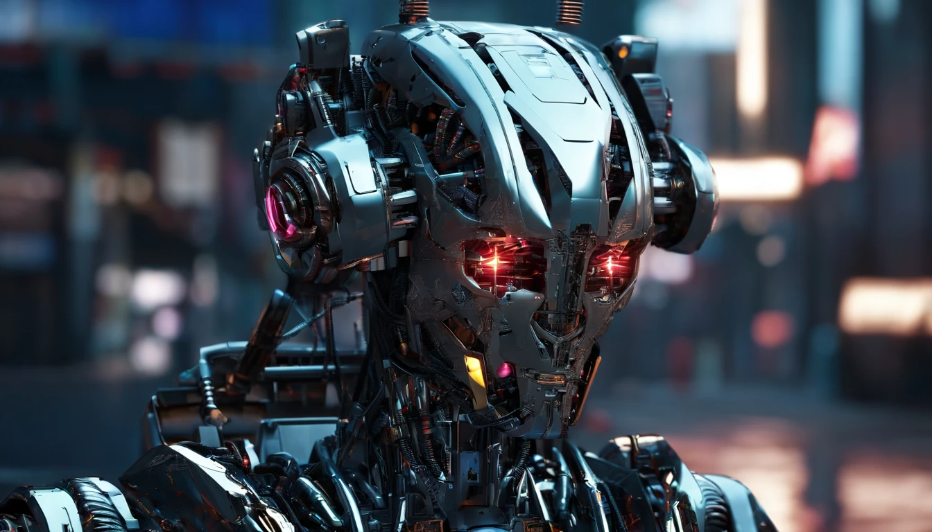 a robot, Walking on the street, Transformers, The Car，Portrait，Machinery, future warrior,Colorful