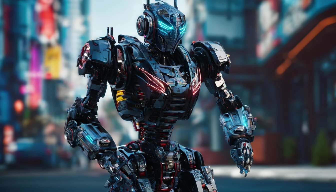 a robot, Walking on the street, Transformers, The Car,Portrait,Machinery, future warrior,Colorful