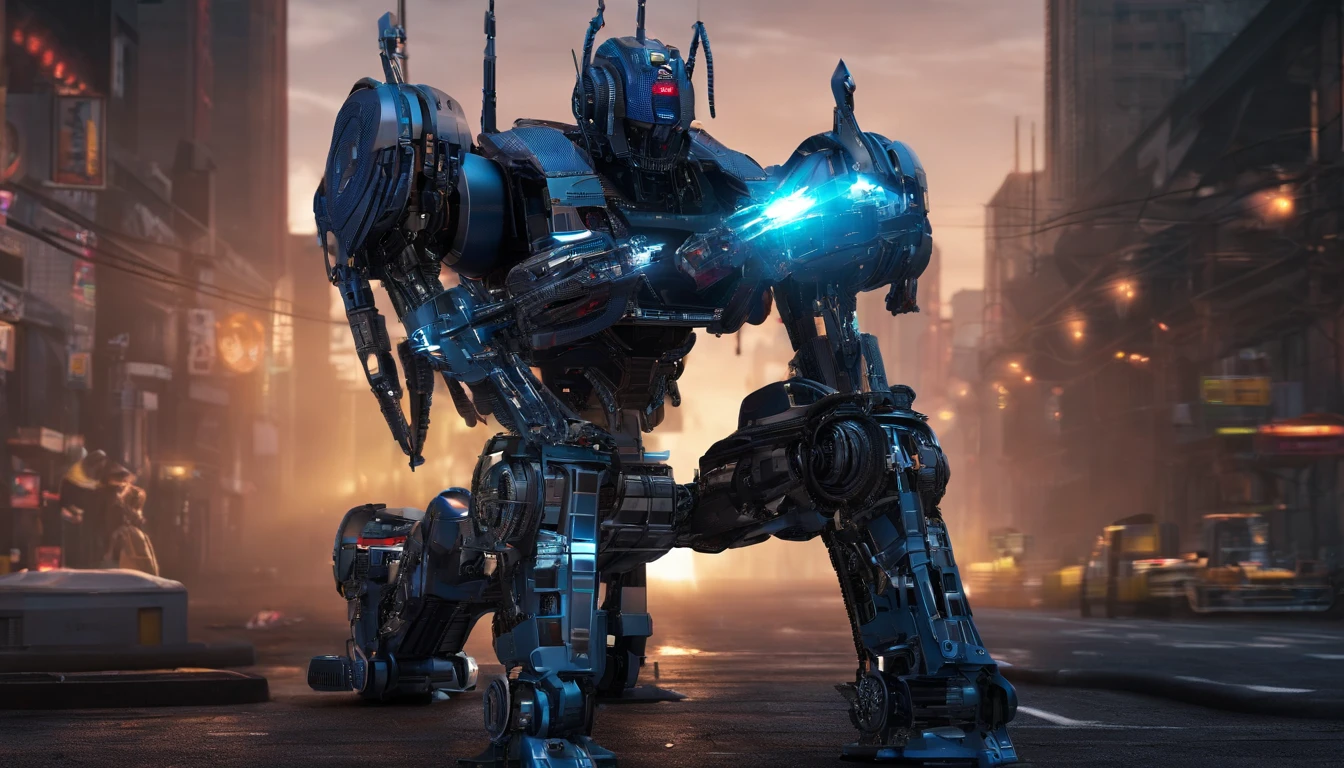 a robot, Walking on the street, Transformers, The Car,Portrait,Machinery, future warrior,Colorful