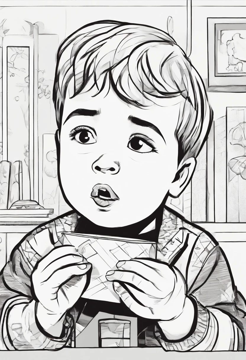 a 12 months old boy, holding a small wood block cube at front of his mouth, pretending to eat, monochrome