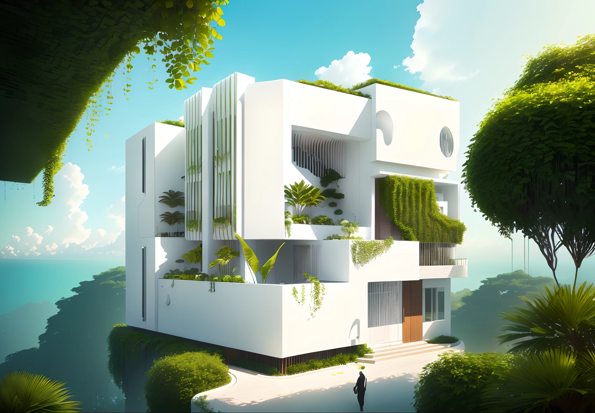 there is a white building with a balcony and a balcony on the top, frontview, modern lush condo as shopfront, archdaily, vegetal architecture, an architectural, architecture award winning, inter dimensional villa, mid-view, front-view, exterior view, plants on balconies, exterior, with lots of vegetation, seen from below, sustainable architecture
