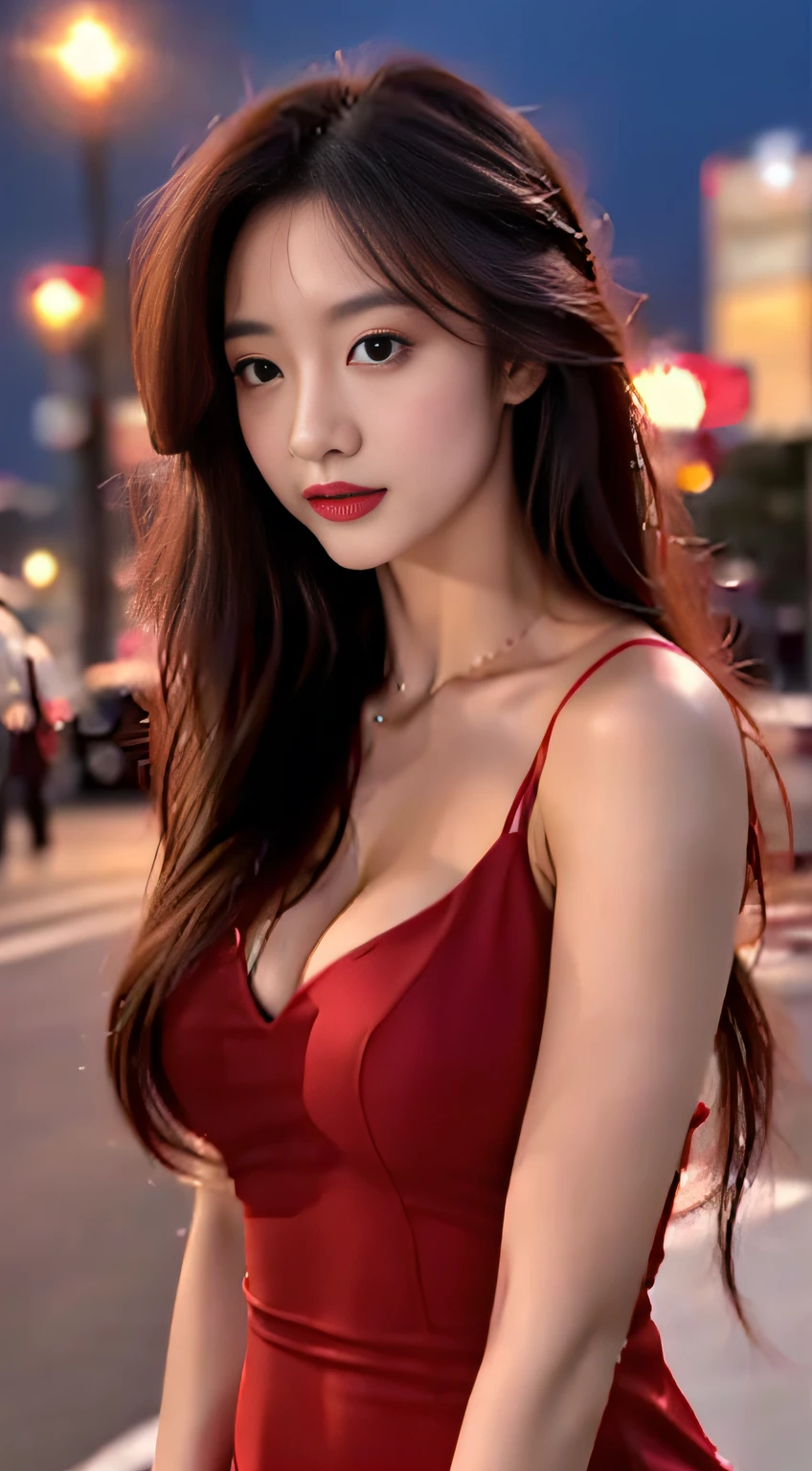top-quality。8K-Picture。Ultra-high pixel。The background is the city at night。girl with。hair is long and slightly wavy,,,,,,,,,,,,,,,,。The color is dark brown。Glamour style、((huge-breasted:1.6))。wearing red dress、Photos dancing brilliantly。Delicate finish overall。The body line is gorgeous。legs are long、Wear red high heels。Hair shines like a reflection of the street。The eyeball reflects the surrounding landscape。The skin is wet with night dew。Almost perfect woman。time々In close-up of the upper body。