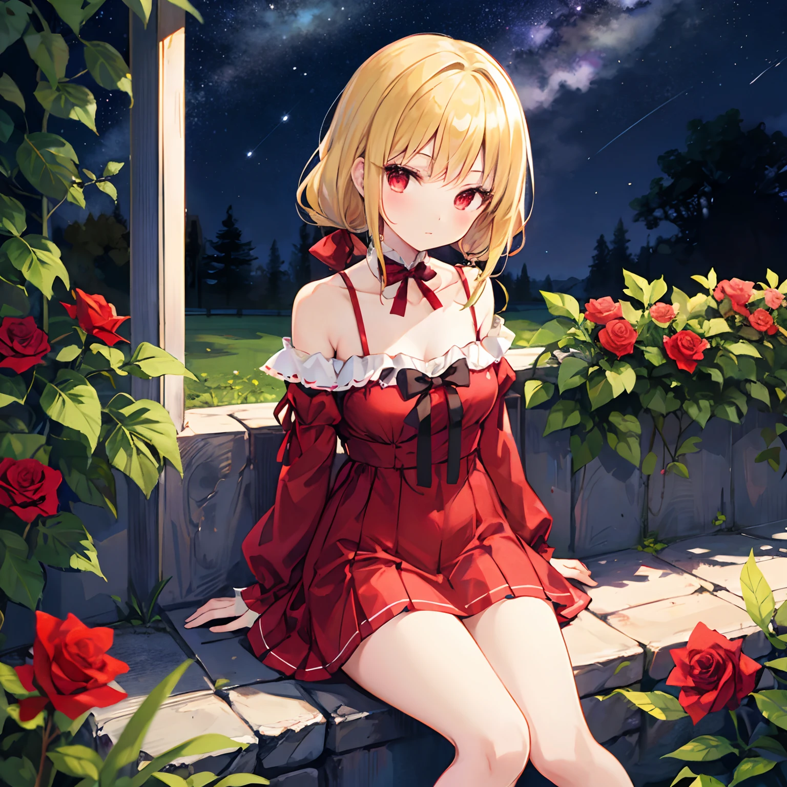 a blond、poneyTail、bow ribbon、red eyes、Beautiful girl alone、Dark red dress、off shoulders、a miniskirt、sitting on、rose garden、starrysky