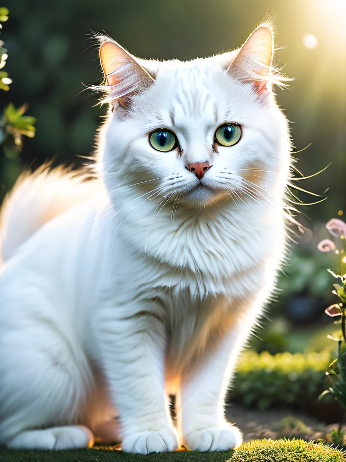 There is a white cat sitting in the grass with the sun shining - SeaArt AI