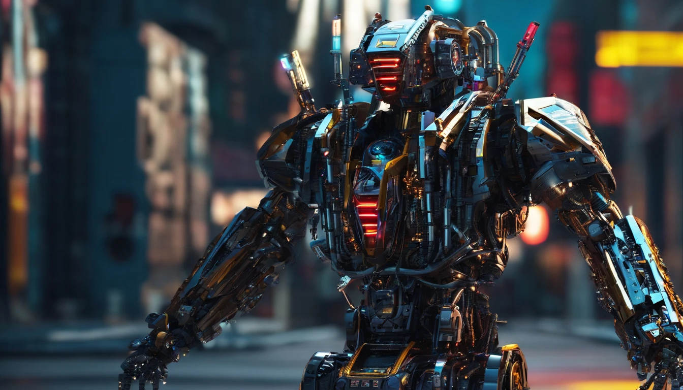 a robot, Walking on the street, Transformers, Autobot,sportrait,Machinary, future warrior,Rich in color