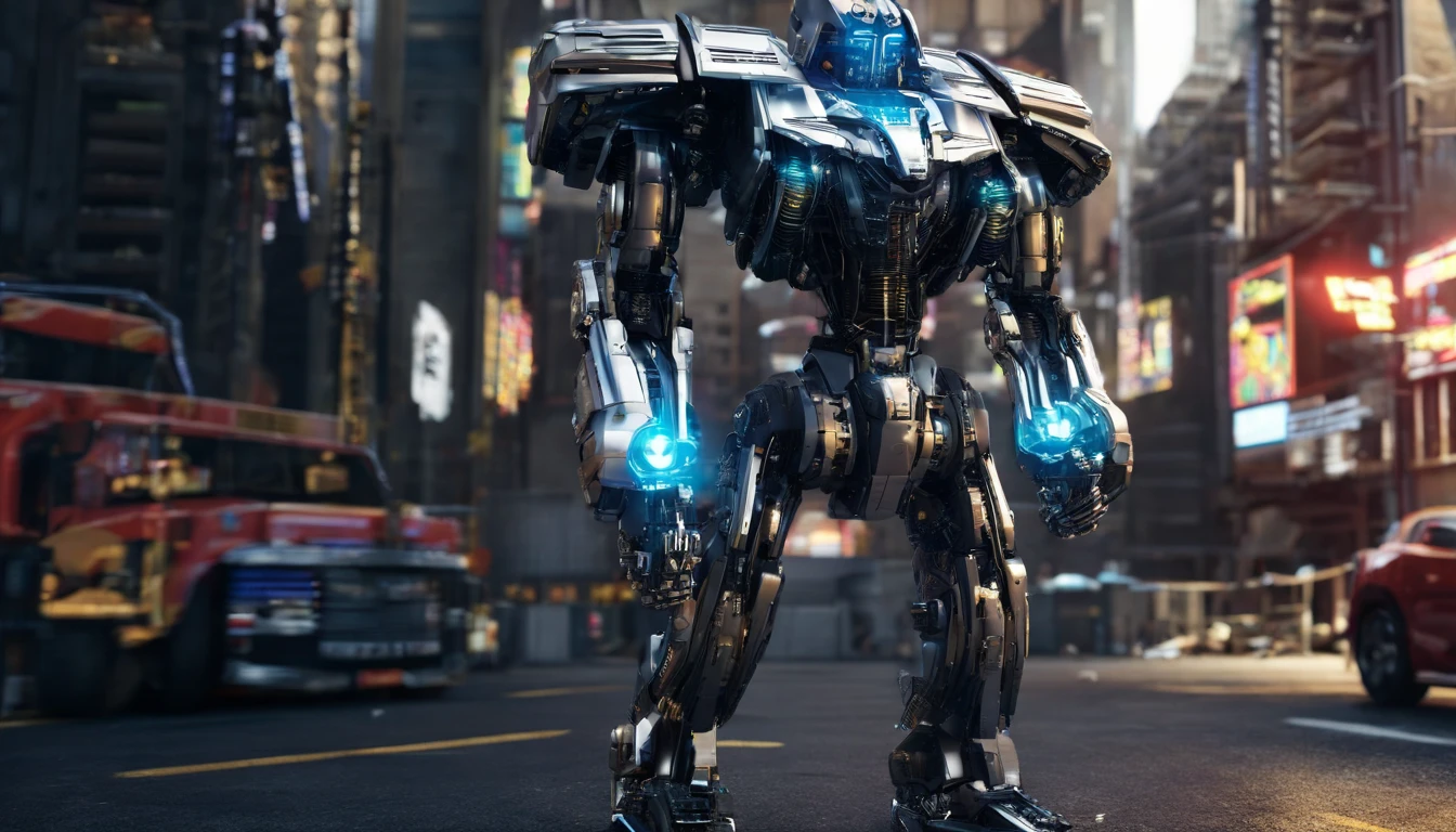 a robot, Walking on the street, Transformers, Autobot,sportrait,Machinary, future warrior,Rich in color