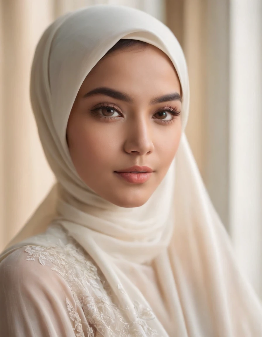 beautiful girl in white hijabs, with long shirts and black leggings, who come from Indonesian Spanish descent, have brown eyes, and big breasts and big asses, are stand up,