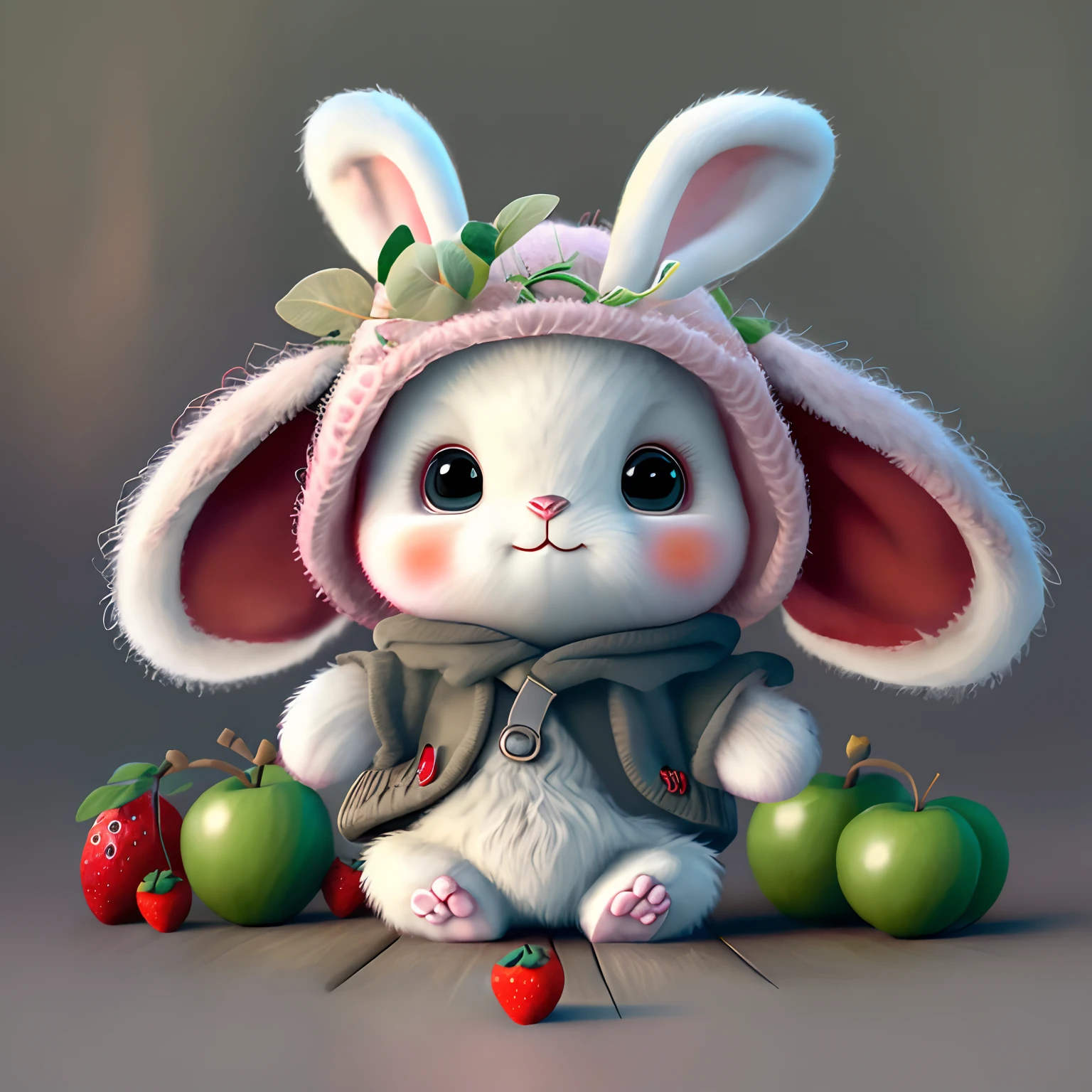 : 3. bunny, realistic, furry animal, apple, black eye, blush, cherry, food, fruit, full body, hat, non-human, strawberry, tomato, watermelon