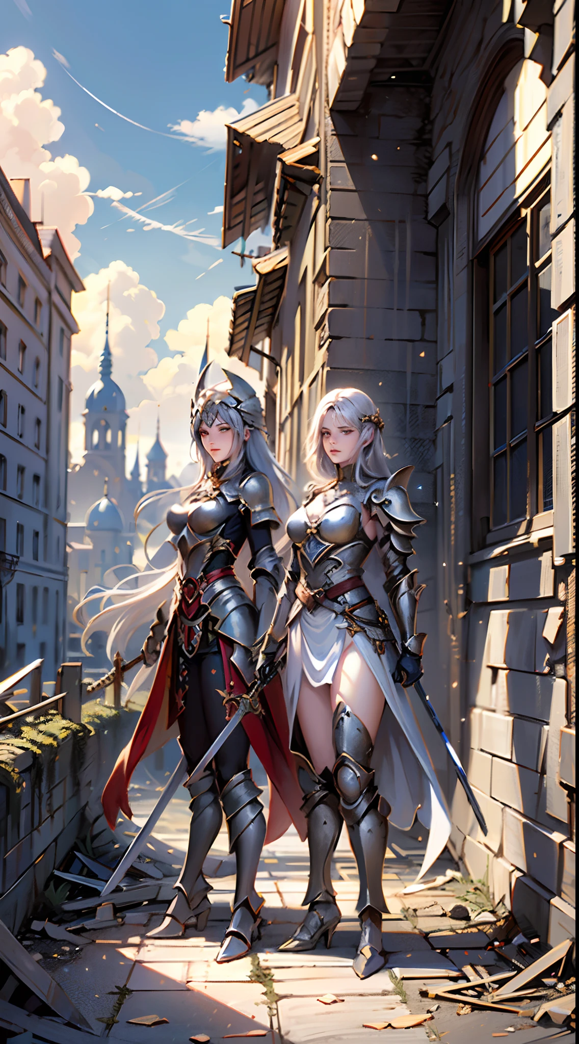 ((Two women, standing on ruined buildings, close-up, realistic)) realistic visuals, artistic refinement, captivating beauty, dramatic contrasts, 8k wallpapers, absurdity, incredible absurdity, golden armor, gadaxintai gaodanvshen, (holding silver sword)), hair floating in the air, ((in battle)), ((best quality: 1.5))
