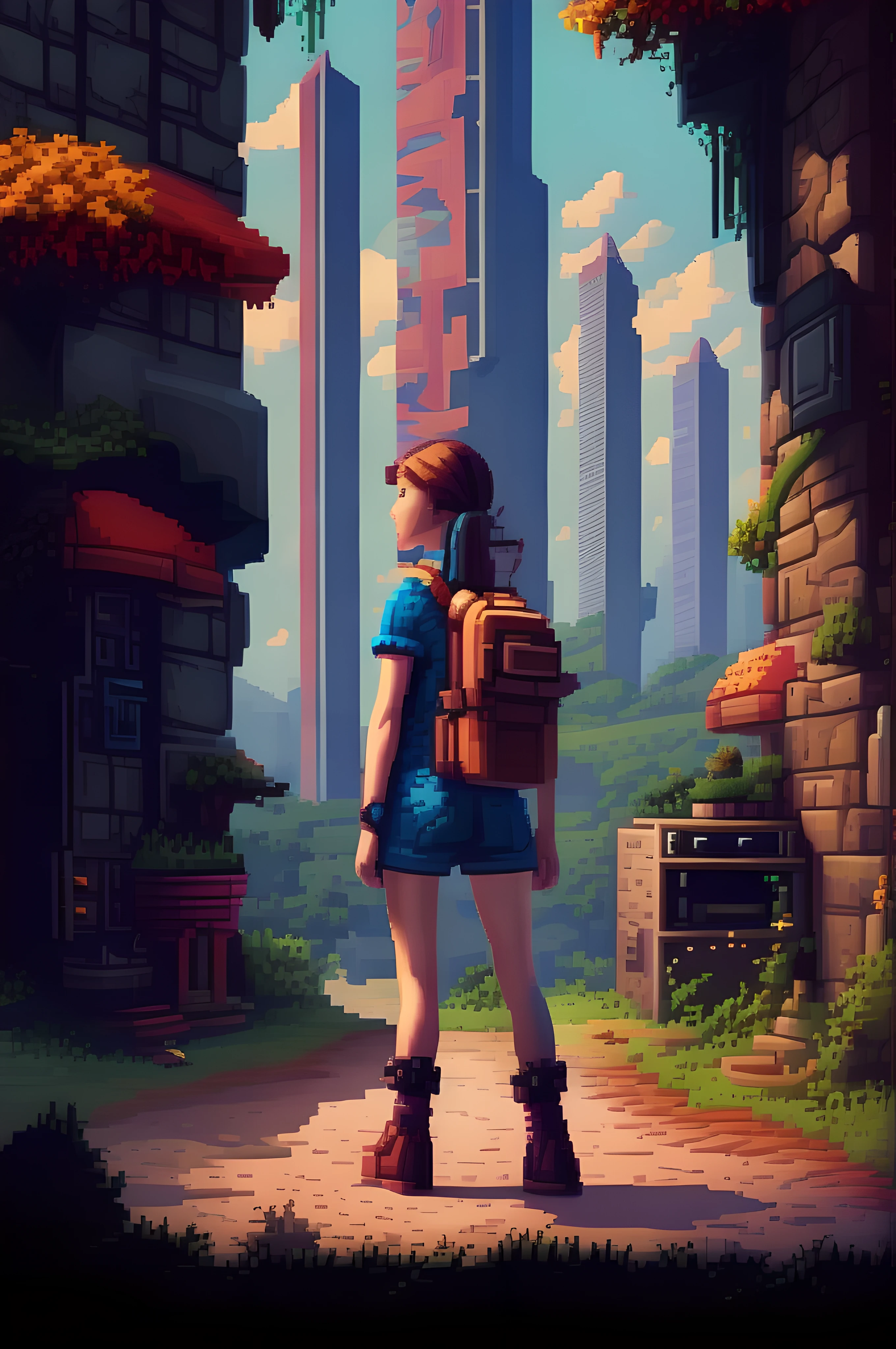 Pixel-Art Adventure featuring a Girl: Pixelated girl character, vibrant 8-bit environment, reminiscent of classic games