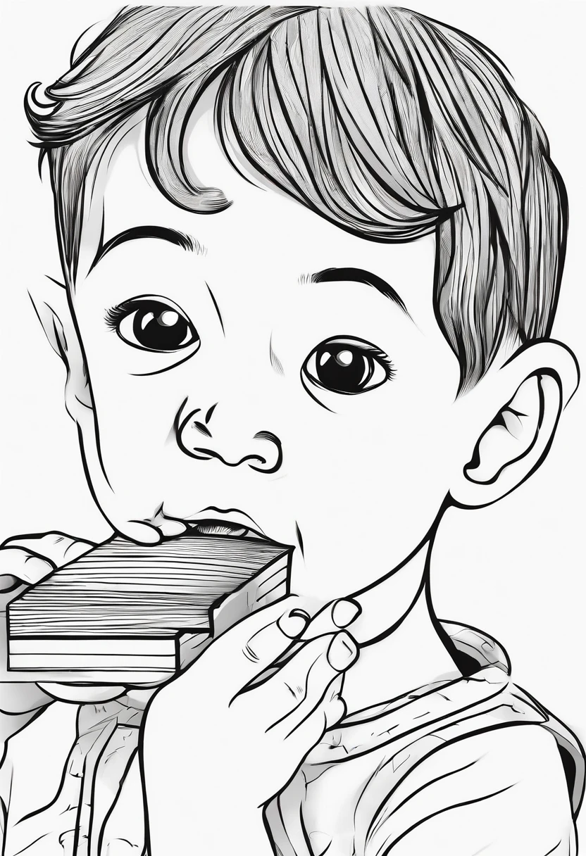 a 12 months old boy, holding a small wood block cube at front of his mouth, pretending to eat, monochrome