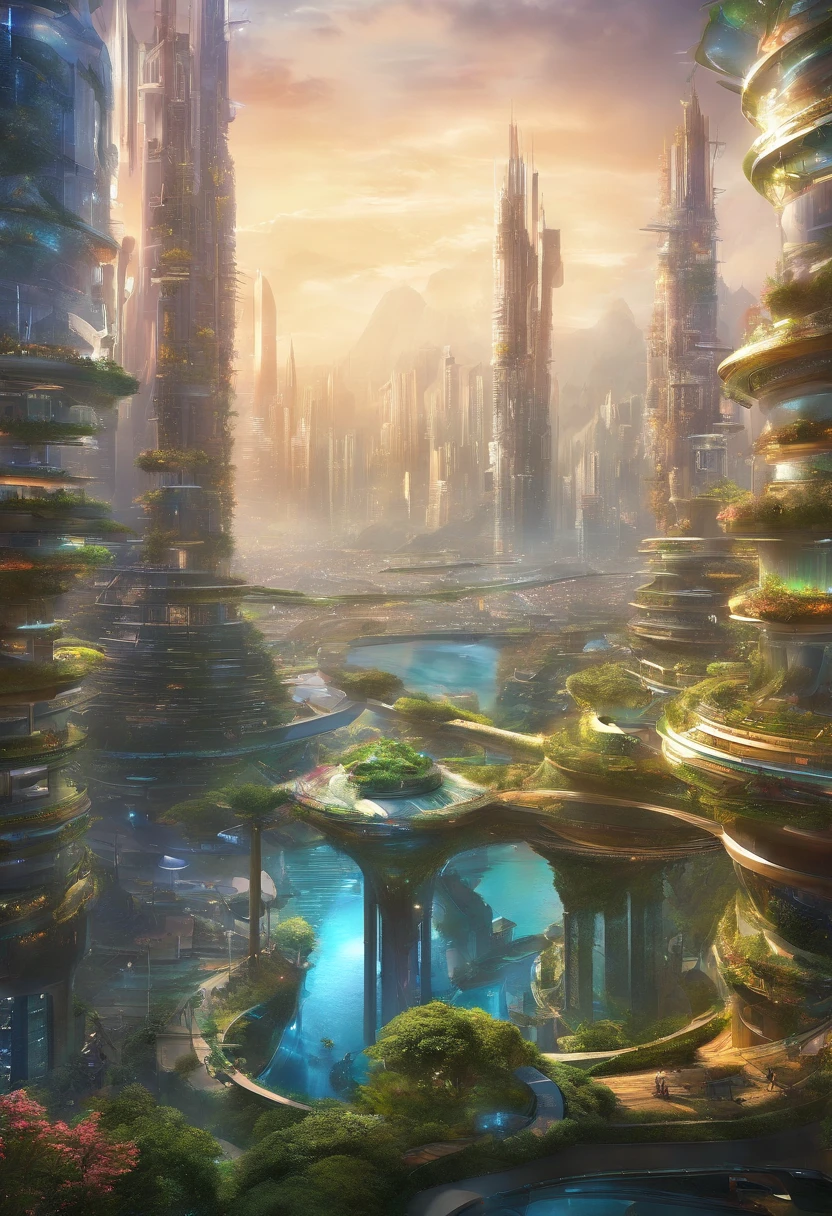 Create a mesmerizing image of a futuristic utopian city, a cybernetic marvel of advanced technology and progress. This cityscape should be a beacon of human achievement, pushing the boundaries of what's possible.
The city stands as a testament to human ingenuity, with gleaming skyscrapers that seem to touch the sky, adorned with holographic billboards showcasing cutting-edge innovations. The streets are bustling with autonomous vehicles gliding silently, and pedestrians engage with augmented reality interfaces seamlessly integrated into the urban environment.
A lush, vertical garden sprawls up the sides of buildings, providing both beauty and sustainability. Advanced green energy solutions power the city, and transparent walkways allow residents to traverse the urban landscape while enjoying breathtaking views of the metropolis and the surrounding natural scenery.
The entire city is bathed in an iridescent, neon glow, giving it an ethereal and futuristic atmosphere. The fusion of natural elements with technological wonders creates a harmonious and vibrant urban paradise.
This image invites viewers to contemplate the possibilities of a future where technology and nature coexist in perfect harmony, offering a glimpse into a utopian society where human progress has reached its zenith. --ar 16:9 --v 5