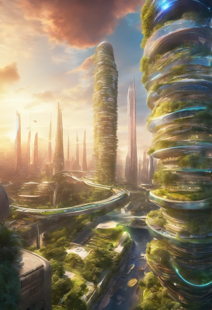 Create a mesmerizing image of a futuristic utopian city, a cybernetic marvel of advanced technology and progress. This cityscape should be a beacon of human achievement, pushing the boundaries of what's possible.
The city stands as a testament to human ingenuity, with gleaming skyscrapers that seem to touch the sky, adorned with holographic billboards showcasing cutting-edge innovations. The streets are bustling with autonomous vehicles gliding silently, and pedestrians engage with augmented reality interfaces seamlessly integrated into the urban environment.
A lush, vertical garden sprawls up the sides of buildings, providing both beauty and sustainability. Advanced green energy solutions power the city, and transparent walkways allow residents to traverse the urban landscape while enjoying breathtaking views of the metropolis and the surrounding natural scenery.
The entire city is bathed in an iridescent, neon glow, giving it an ethereal and futuristic atmosphere. The fusion of natural elements with technological wonders creates a harmonious and vibrant urban paradise.
This image invites viewers to contemplate the possibilities of a future where technology and nature coexist in perfect harmony, offering a glimpse into a utopian society where human progress has reached its zenith. --ar 16:9 --v 5