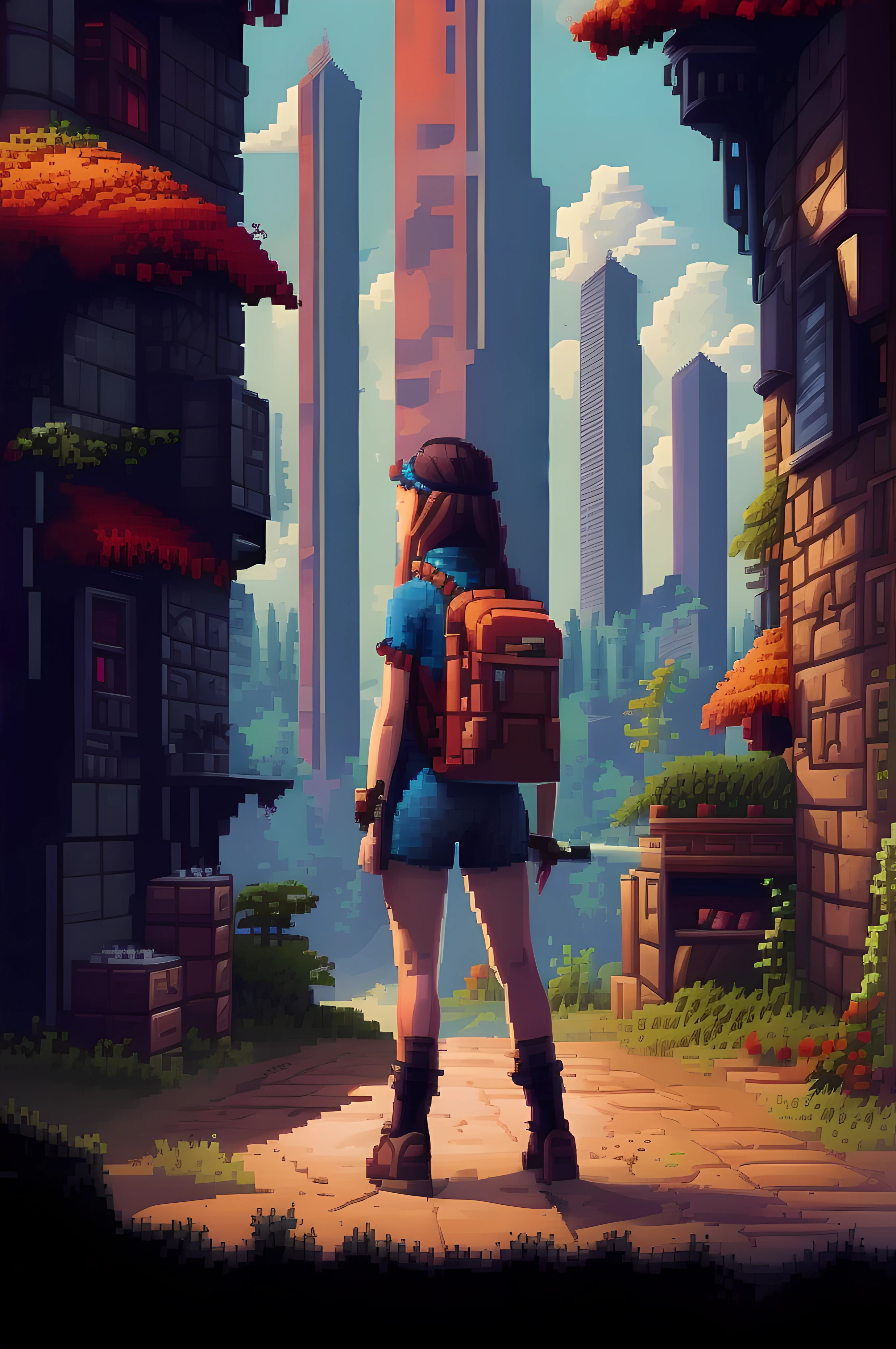 Pixel-Art Adventure featuring a Girl: Pixelated girl character, vibrant 8-bit environment, reminiscent of classic games