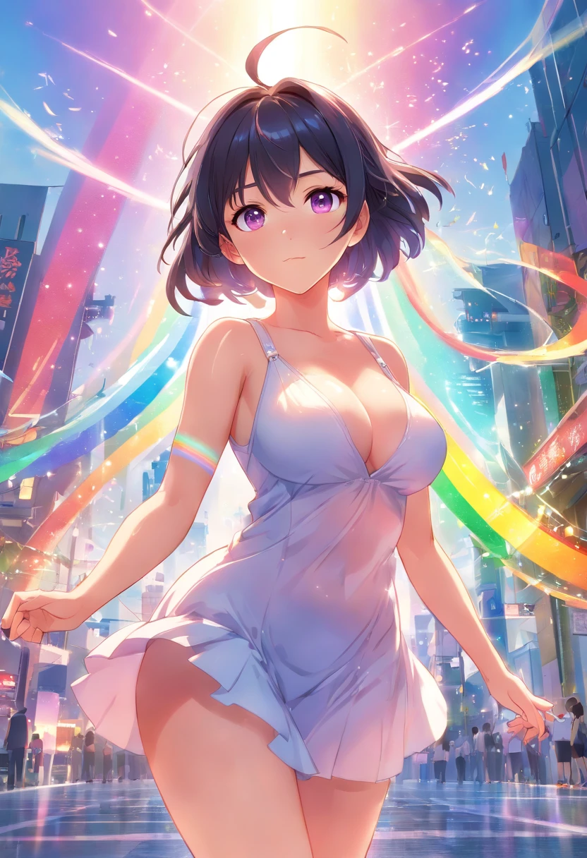 extremely detailed CG unity 16k wallpaper:1.1), (Denoising strength: 1.45), (tmasterpiece:1.37), watercolor, extremely detailed, 1girl, full body, beautiful detailed eyes, cute anime face, full body, beautiful detailed face, (Botanical illustration:1.5), white dress, god rays, sparkle, glowing light, masterpiece, best quality, big boobs, glitchy, computer, dynamic pose, cyber, black hair, harajuku charms, harajuku style, purple eyes, plaster on nose, (((rainbow))), huge boobs, adult, mature