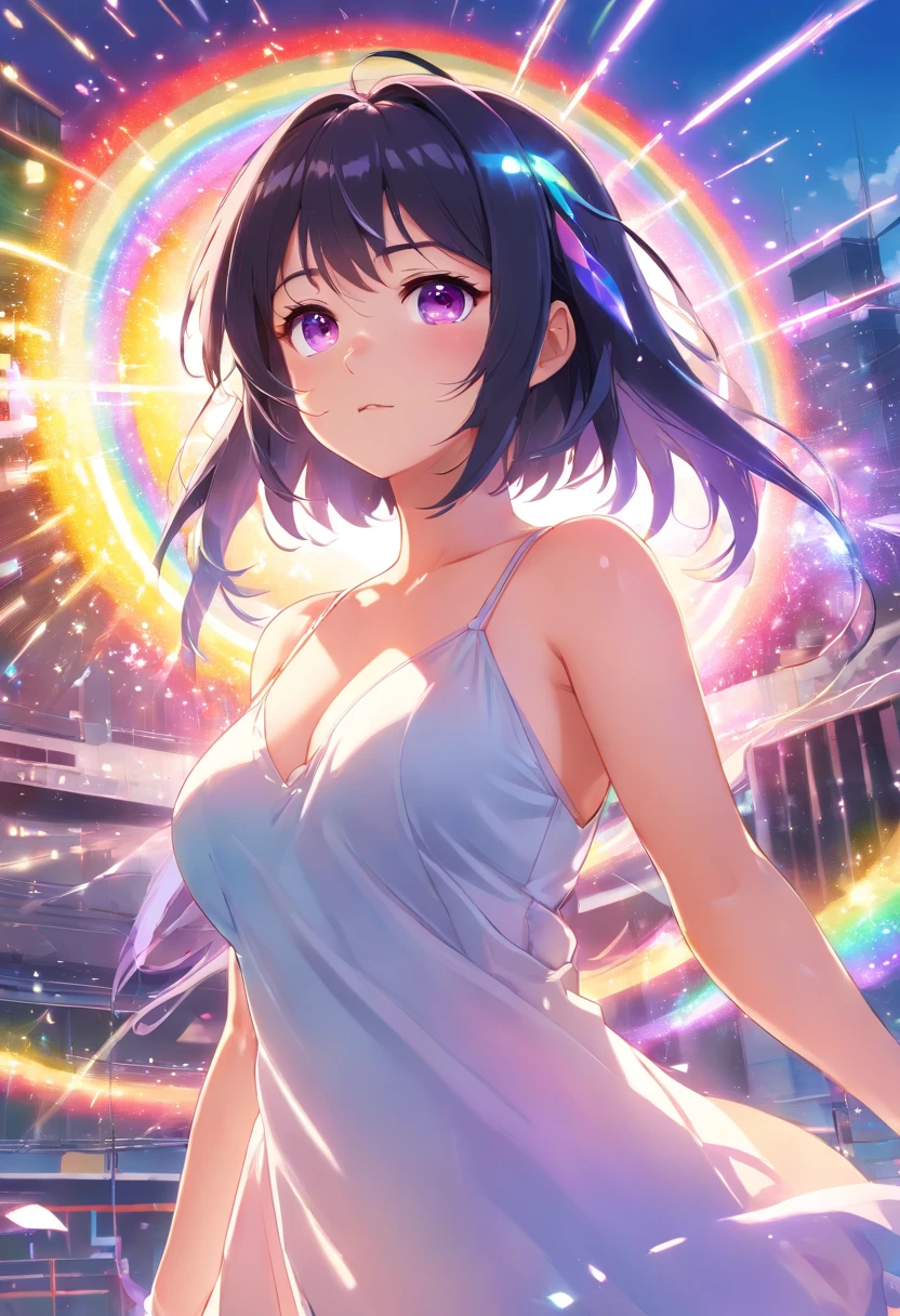 extremely detailed CG unity 16k wallpaper:1.1), (Denoising strength: 1.45), (tmasterpiece:1.37), watercolor, extremely detailed, 1girl, full body, beautiful detailed eyes, cute anime face, full body, beautiful detailed face, (Botanical illustration:1.5), white dress, god rays, sparkle, glowing light, masterpiece, best quality, big boobs, glitchy, computer, dynamic pose, cyber, black hair, harajuku charms, harajuku style, purple eyes, plaster on nose, (((rainbow))), huge boobs, adult, mature