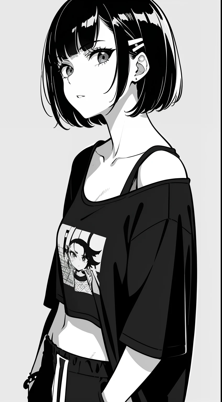 girl, side portrait, black and white, messy short hair, edgy accessories,sporty style, nude, naked, nipples, confident gaze, monochrome color scheme, looking to the side, casual hands in pockets pose,head,((a person)),Hairpin
