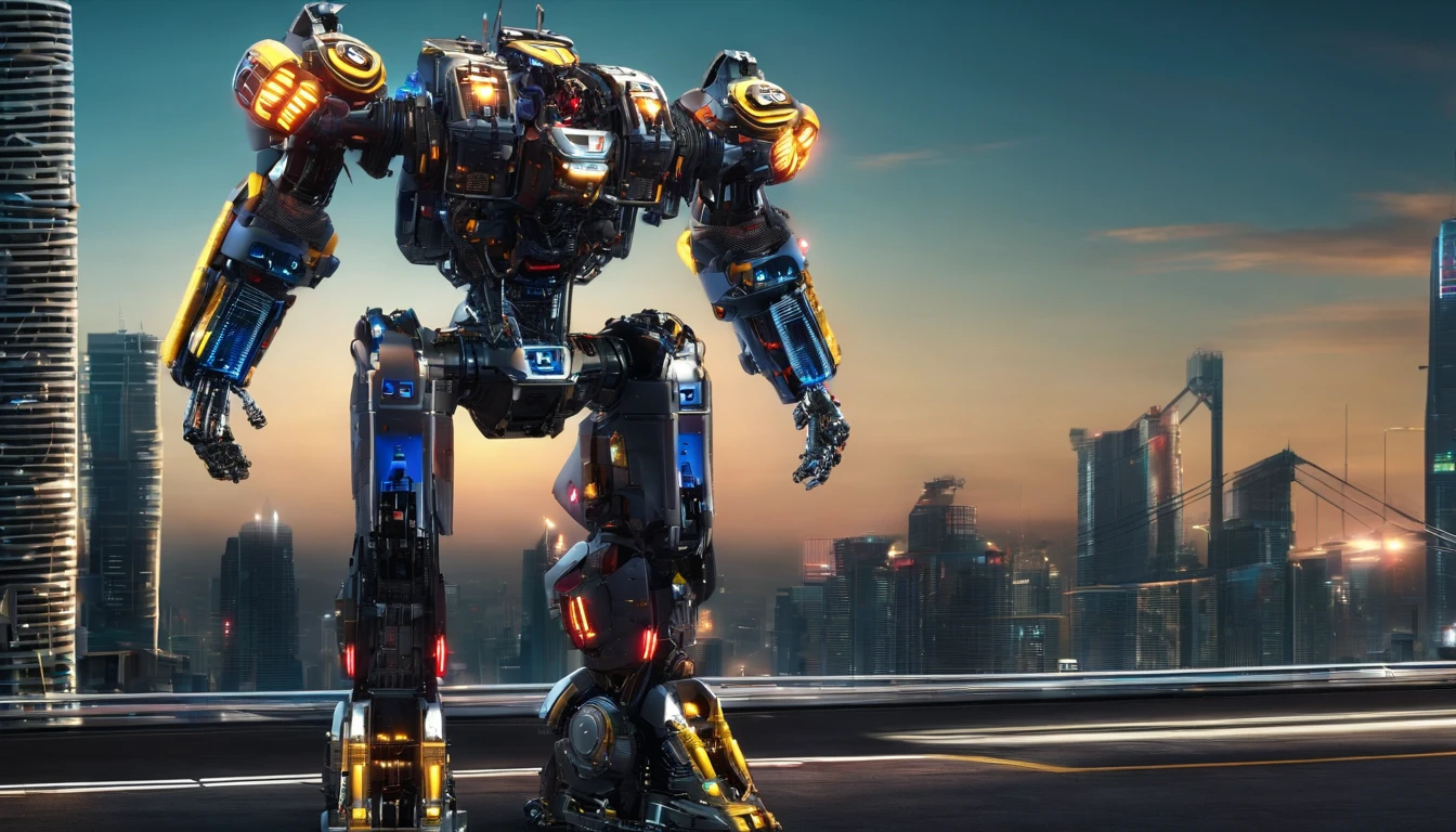 a robot, Walking on the street, Transformers, Autobot,sportrait,Machinary, future warrior,Rich in color