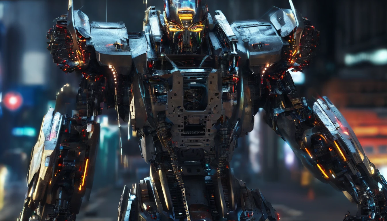 a robot, Walking on the street, Transformers, Autobot，sportrait，Machinary, future warrior,Rich in color