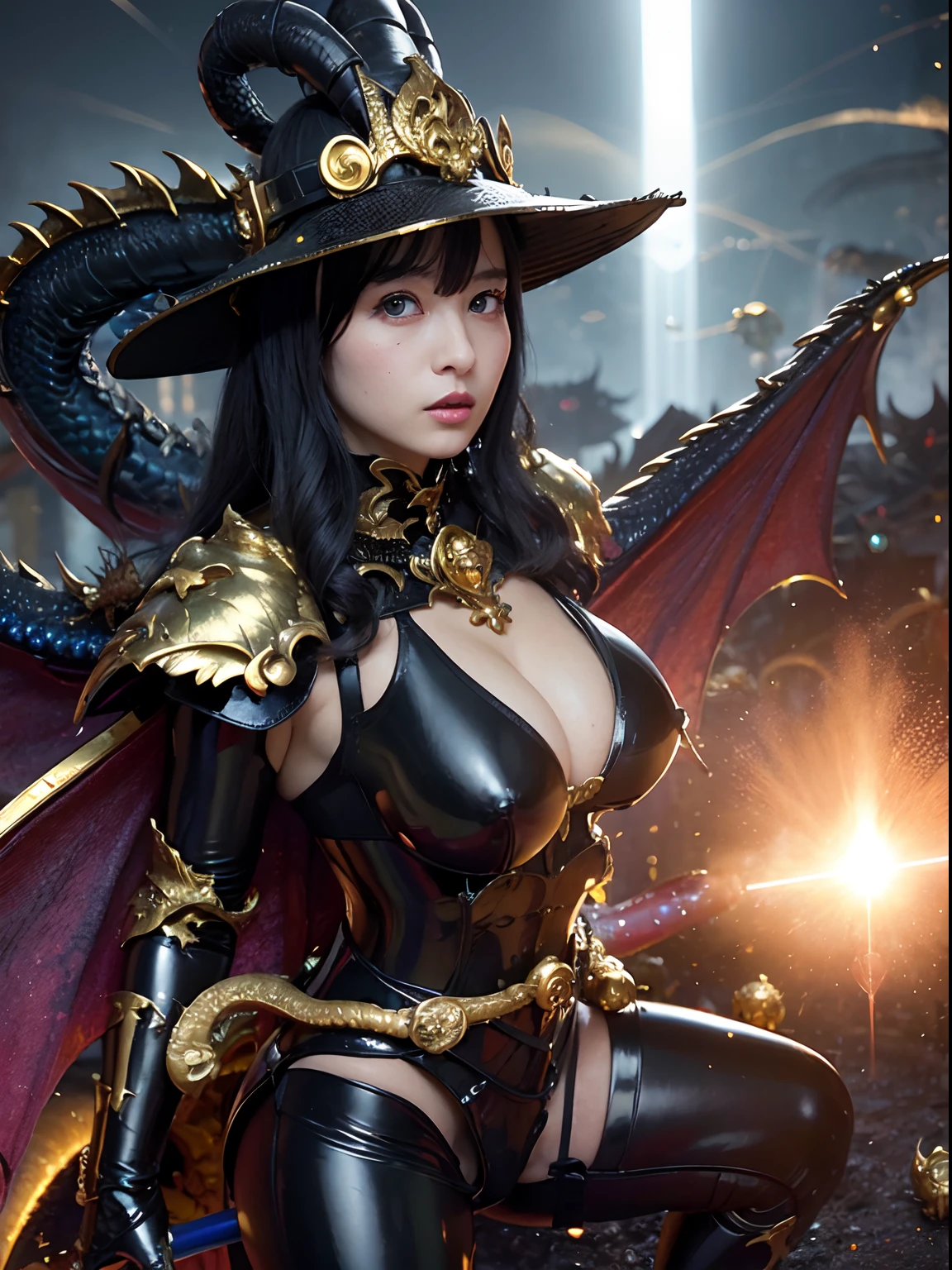 ((World of Darkness)),Professional , ​masterpiece、top-quality、photos realistic , depth of fields 、(((With a magic wand of gems))),（Dragon Black Metal Body:1.４),(latex black-blue、（cleavage of the breast）、Dragon Gold Weapon、(((Particles of light))),（Micro Bikini Armor:1.7),Gorgeous gold weapons ,（Fight dragons）、Seductive look、,Blood on the face,Blood Rain,Blood fog、（blood splattere：1.9)、（(((With a shining magic wand))), ） , (((Wearing a black latex wizard hat))),（demonic wings）   ,（（a blond））、（Castle background）、（（Gangle's forest background））、Beautiful Caucasian beauty、１a person、dynamic ungle,(((Detailed and ornate dragon wizard hat)))、Smaller head、A smile、Castle background、Thin and beautiful female hands、cleavage of the breast、Soldier in iron armor on background、Mystical expression、Light Effects、intense fighting、Wind-effect、magic circles、With the legendary magic wand、Dragon's tail、explosions、