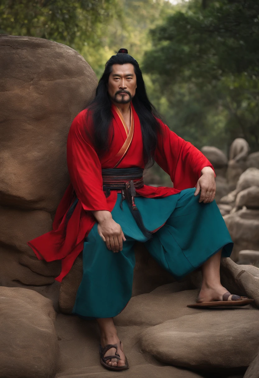 Long black hair, Ancient Chinese clothing, Middle-aged man, Muscular, Big man