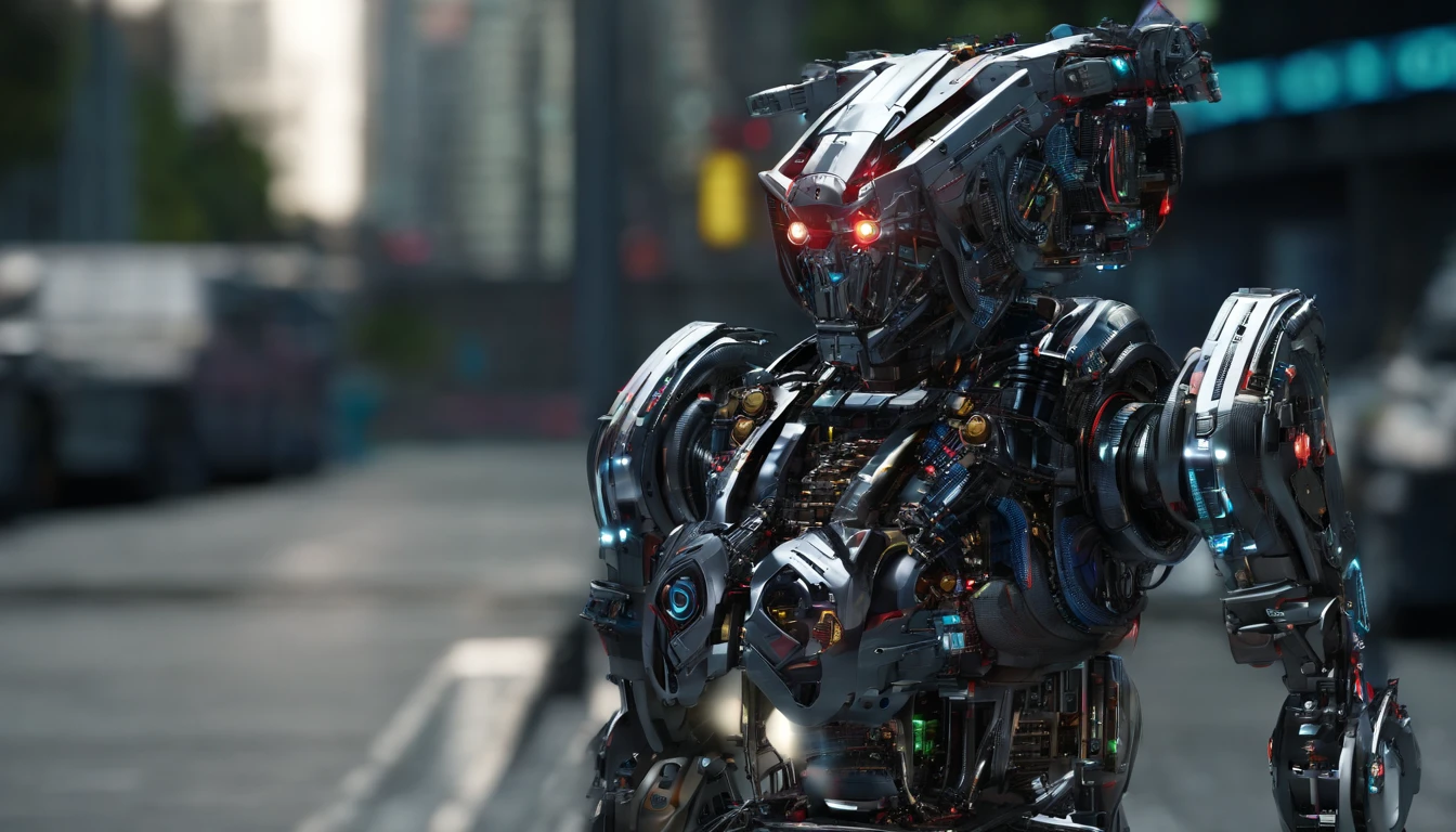 a robot, Walking on the street, Transformers, Autobot，sportrait，Machinary, future warrior,Rich in color