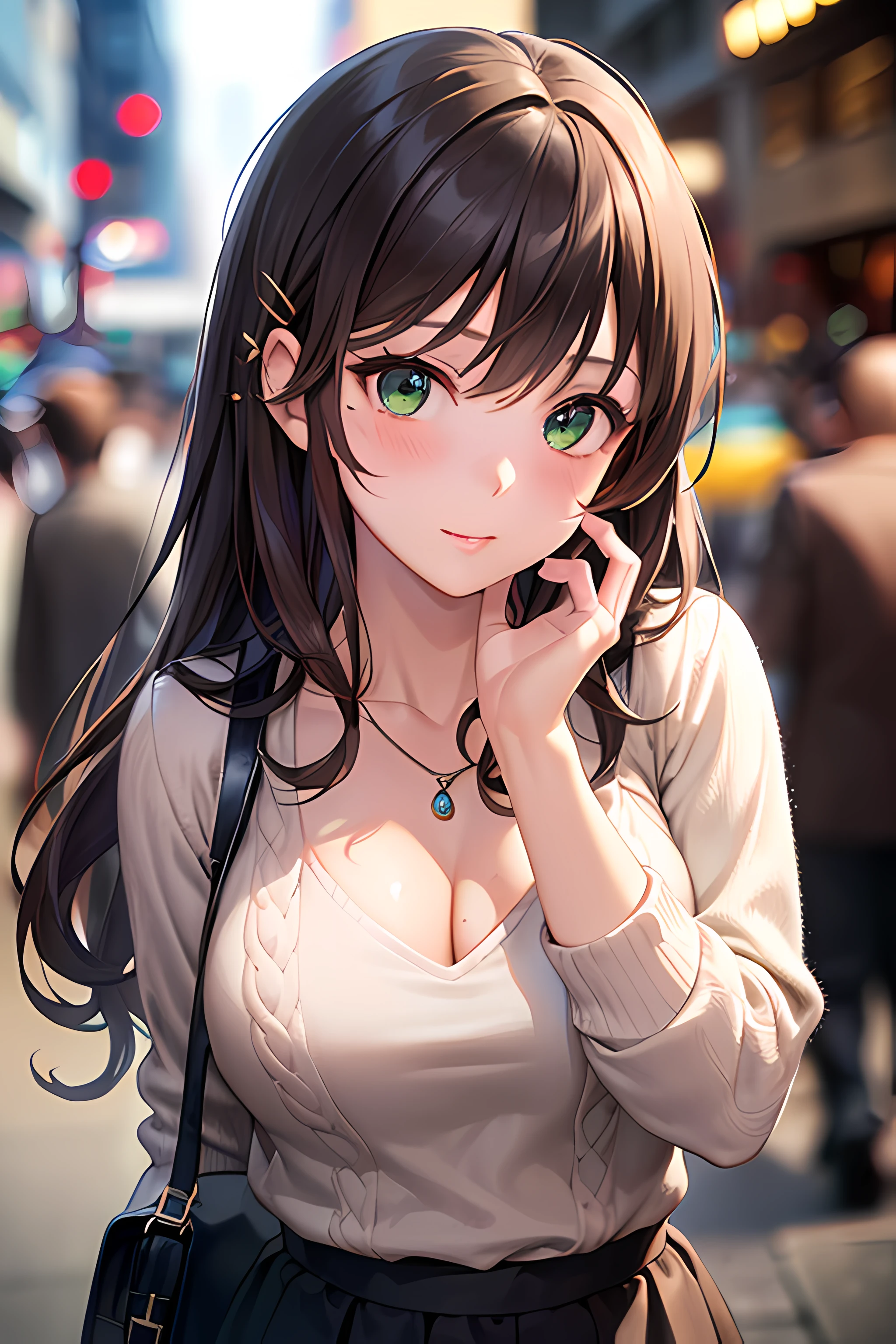 ((masterpiece, best quality, highres, UHD, perfect pixel, depth of field, 4k, RTX, HDR))), 1girl, single, solo, beautiful anime girl, beautiful artstyle, anime character, 24 years old, ((long hair, bangs, dark brown hair, curly hair:1.2, hair pin)), ((detailed face, blushing:1.2)), ((green eyes:1.8, sparkling effect, detailed eyelashes)), ((smooth texture:0.75, realistic texture:0.5, anime CG style)), ((medium breasts, cleavage:0.7)), dynamic angle, busty, perfect body, ((close up, POV, portrait, holding her face)), ((white sweater, skirt:1.5, sliver necklace)), night, night lamp, bokeh:1.4, (outdoor, city buildings, crowd), (fashionable, handbag)