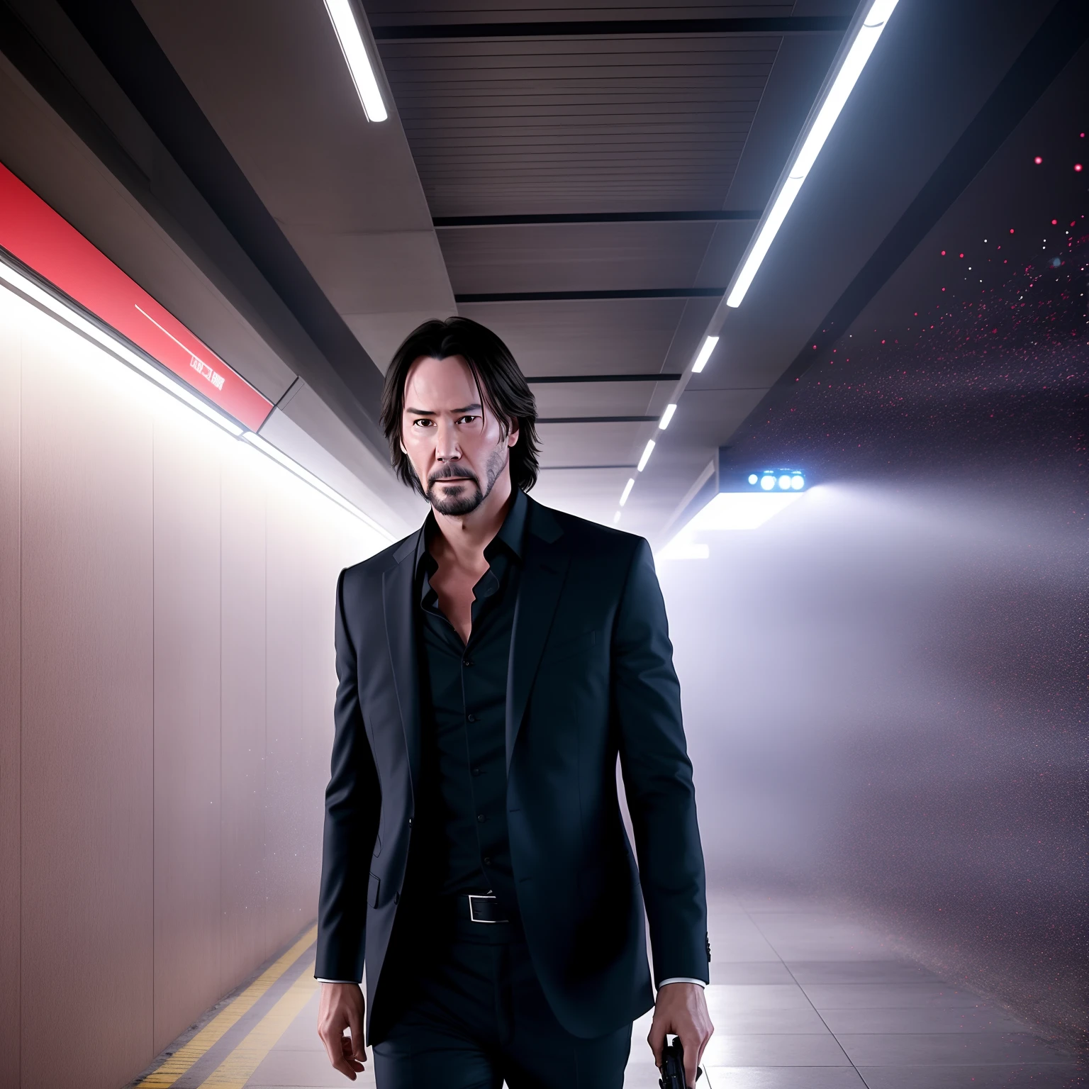 (4K、Raw photography、top-quality、masterpiece:1.2) Keanu Reeves is in the underpass with a gun、Particles of light