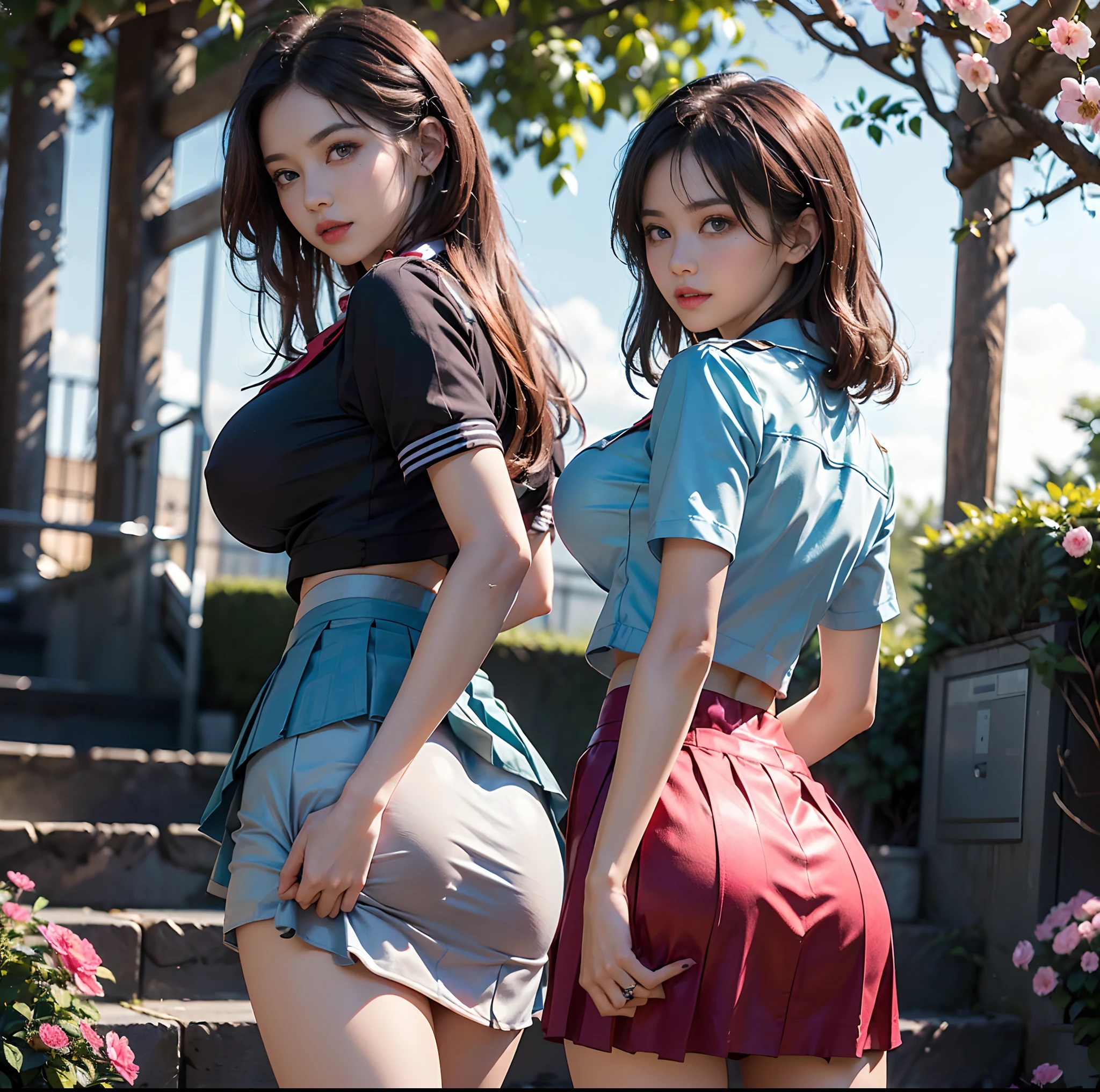 Highest quality, 8K quality, Masterpiece, Two busty women standing side by side, (Super big breasts compressed by clothes:1.2), Whitening skin, Sparkling Blue Eyes, Sailor collar uniform, (Pleated skirt), Above the knee, Skirtliftv1, (Deep and wide booty with hands:1.2), (Super big breasts in a frontal view), White panties, grabbing own ass, skirtlift