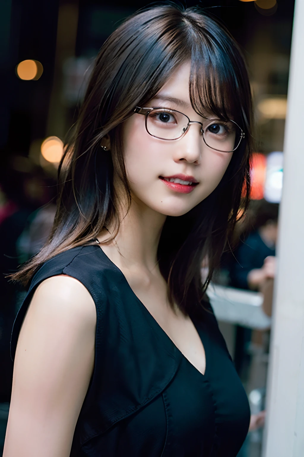 (8K、Raw photography、top-quality、masterpiece:1.2)、(realisitic、Photorealsitic:1.37)、ultra-detailliert、超A high resolution、女の子1人、see the beholder、beautifull detailed face、A smile with a little visible teeth、Constriction、(Slim waist) :1.3)、((Rigid work clothes))、pastel clothing、Beautiful detailed skin、Skin Texture、Floating hair、((fluffy hairstyle))、large breasts with good shape、Professional Lighting、Autumn twilight、In front of the station、((Black square glasses ))、Whole human body、Black hair、((Shameful appearance))、Pay attention to your audience、
