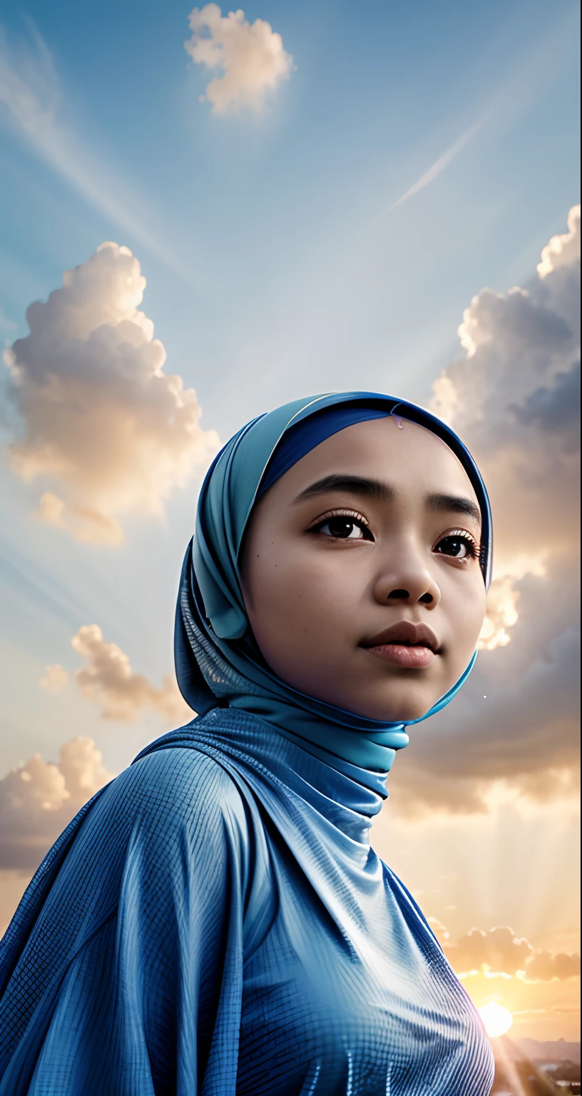 masterpiece, best quality, movie still, 1 malay girl in blue hijab, cloud girl, floating in the sky, close-up, bright, happy, warm soft lighting, sunset, (sparks:0.7)