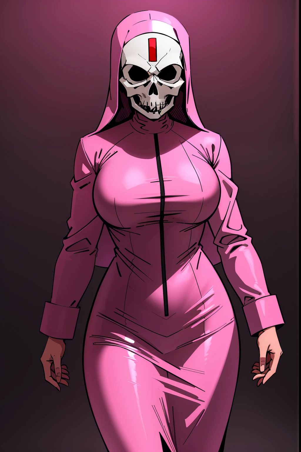 woman wearing a pink nun suit, skull face armor, no background, night time