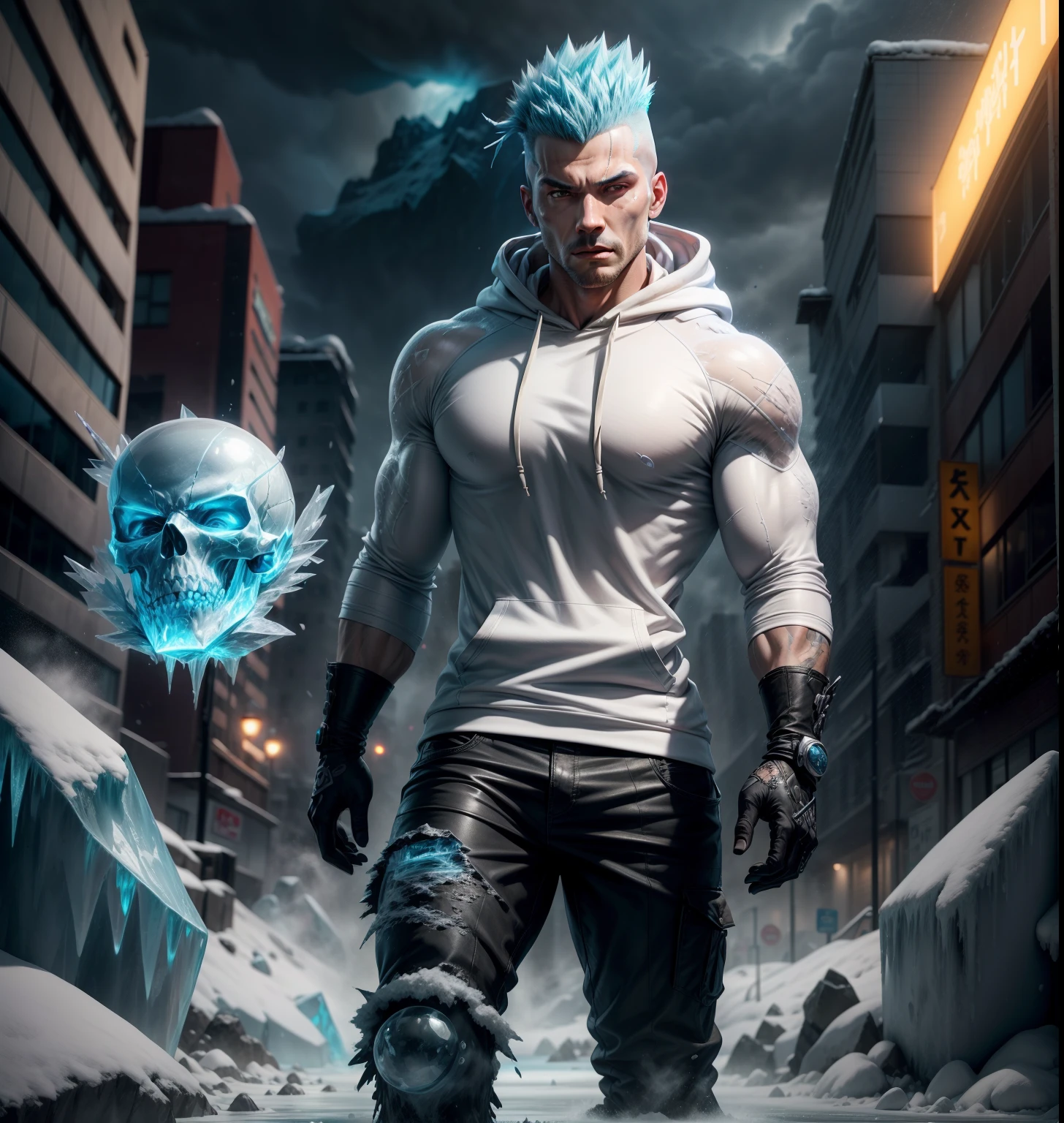 Photorealistic, see through, Transparent, full body (((A masculine Caucasian Man with a Mohawk wearing a hoodie))), icy city, Ice volcano, Icy Landscape, Monster Movie poster Aesthetics, Icy Hannya Mask, Giant ice Clouds, Highly Cinematic, Snow falling, White neon blue black and Grey Colour Scheme, Winter Photography, Giant ice explosion, Ultra Realistic, Highly Detailed Ice Skull, Cinematic LUT, C4d, ZBrush, Ultra Realistic, Colossal skull in an ice Explosion, Giant see through ice Skull head in a glacier, Ice hannya, head, reflective sparkling ice Icicles, trapped Inside a glacier, ice, snow, Stormy weather, Dark and moody, Lightning, mist, snow particles, Blast Shocwaves, Flying Debris, dirt, grit, particles, Behanced, Artstation, Deviantart, Unreal Engine 5, Sony Camera, f/1.4, ISO 100, Shutter Speed 1/800, Bokeh, 16k Resolution, Highly Detailed, ice Skull, Hannya, Exploding Glacier