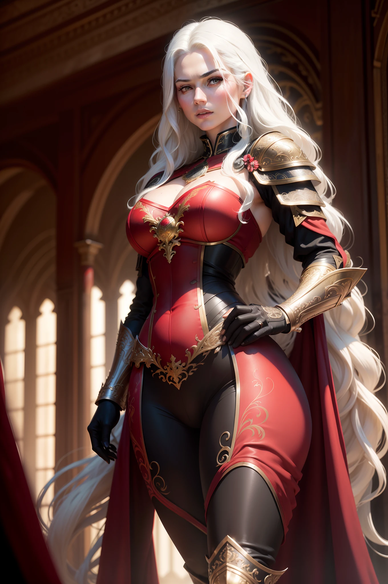 Realistic photos of beautiful mature women, (Catherine Zeta-Jones:0.5), (Skin Texture:1.1), (Detailed eyes), (white hair with black roots,), (Long wavy hair), (Detailed face), (Skin pores), (Legs), (broad shoulders), (strong thick body), pale skin, ((High Detail Filigree Armor)), On the ramparts, Facing the camera, (masutepiece), (Photorealistic:1.4), Raw photo, Best Quality, hight resolution, Rich colors, Backlight, Bright sunlight, Cinematic lighting, Film grain, Raw photo, 50mm Lens, Nikon D850, Warm colors Beautiful red and black armor Black and red trousers