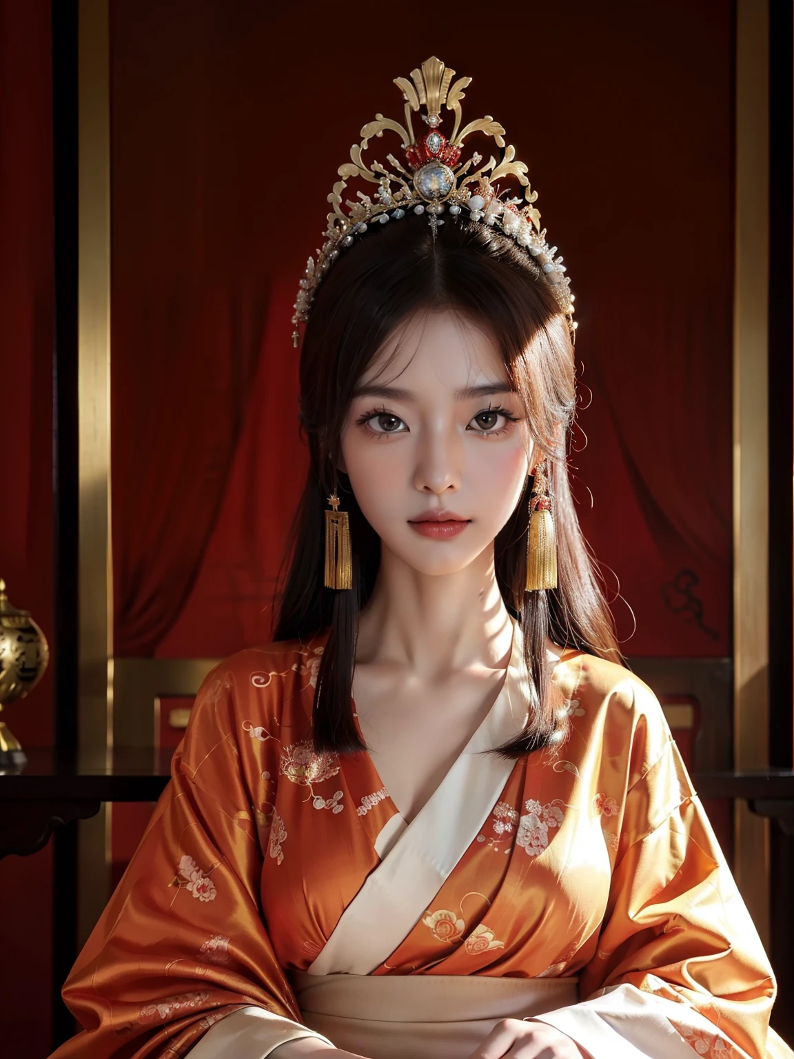 Top image quality,movie camera,20 very young and beautiful princesses of the Chinese royal palace,Wearing a gorgeous red Chinese kimono,Ancient Chinese gorgeous hair ornament on head,Live in China's ancient royal palaces,Sitting in the Queen's Chair,elegant look,I'm looking at you with a scary face.,Full body portrait,Stylish art,low angles,