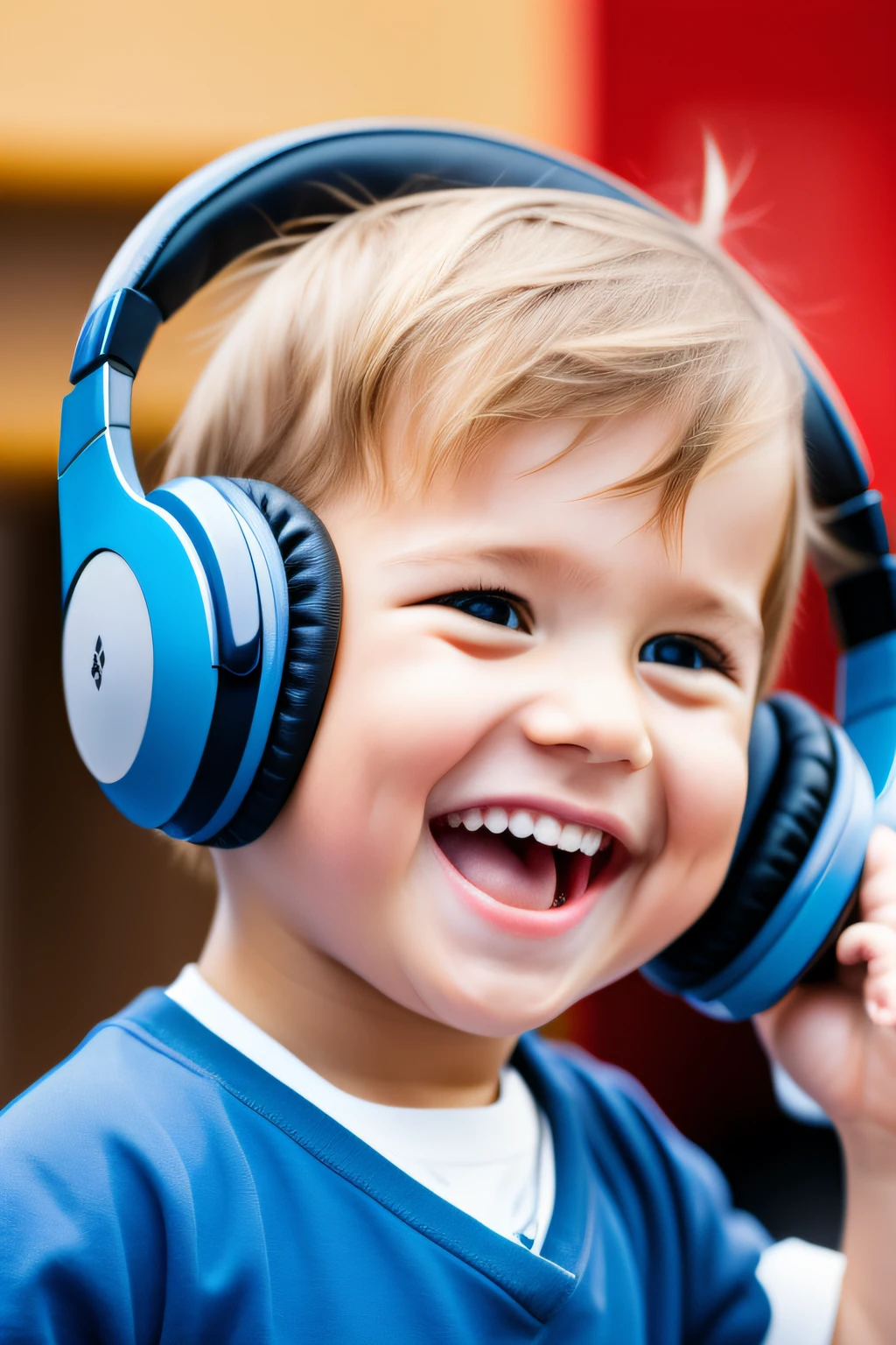 Foreigners wearing headphones Male study Laughing cute little bule a blond