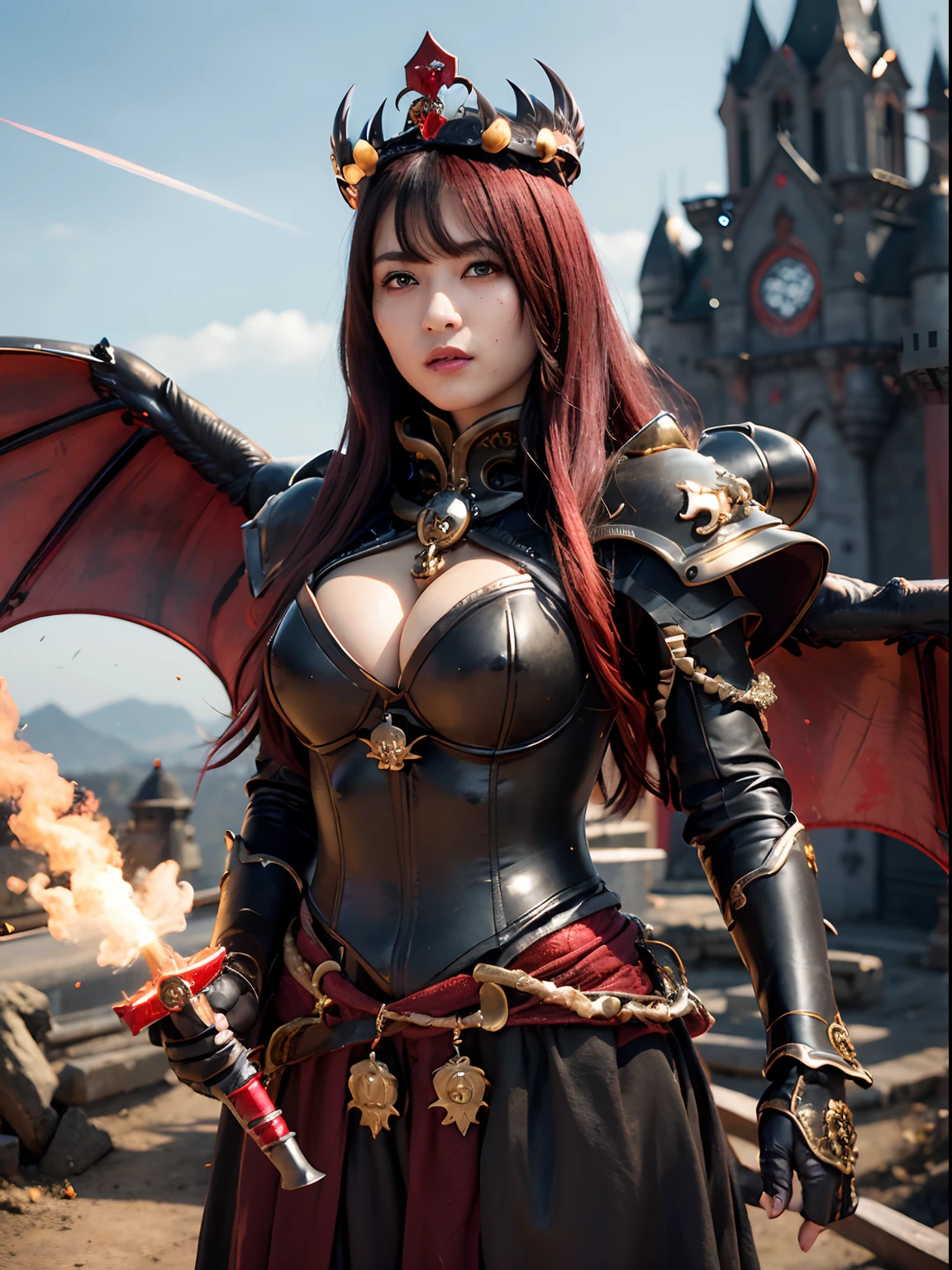 (Bleeding from the head), Professional , masterpiece、top-quality、photos realistic , depth of fields (Gemstone Black Metal Body:1.9),(Matte Black、Toostock、(cleavage of the breast)、((Random Hairstyles 1.6),Dark Fantasy,)explosions、intense fighting、Blood on the face,Blood Rain,Blood fog(blood splattere:1.2),Dragon Gold Weapon,Mystical expression、Particles of light、Fight dragons、(),Gorgeous Silver Weapons ,(( Dragon's dense and gorgeous sword)) ,,Detail and gorgeous crown、((Red hair))、(Castle background)、、((Gangle's forest background))、Beautiful Caucasian beauty、1a person、dynamic ungle,(((Detailed and ornate Black Devil Crown)))、Smaller head、A smile、Castle background、Thin and beautiful female hands、cleavage of the breast、Soldier in iron armor on background、Mystical expression、Light Effects、intense fighting、Wind-effect、magic circles、With the legendary magic wand、(demonic wings)、