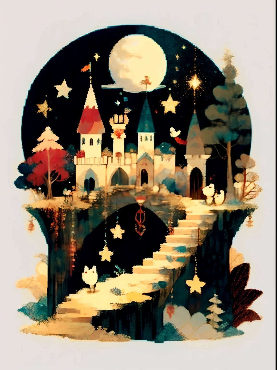 (((masterpiece))),best quality, whitetown, moon, star (symbol), tree, 1girl, crescent moon, painting (medium), solo, pixel art