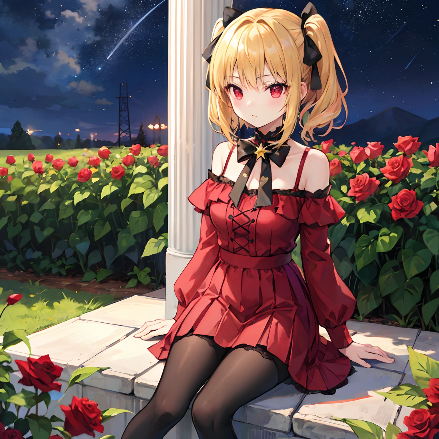 a blond、poneyTail、bow ribbon、red eyes、Beautiful girl alone、Dark red dress、off shoulders、a miniskirt、Black tights、sitting on、rose garden、starrysky